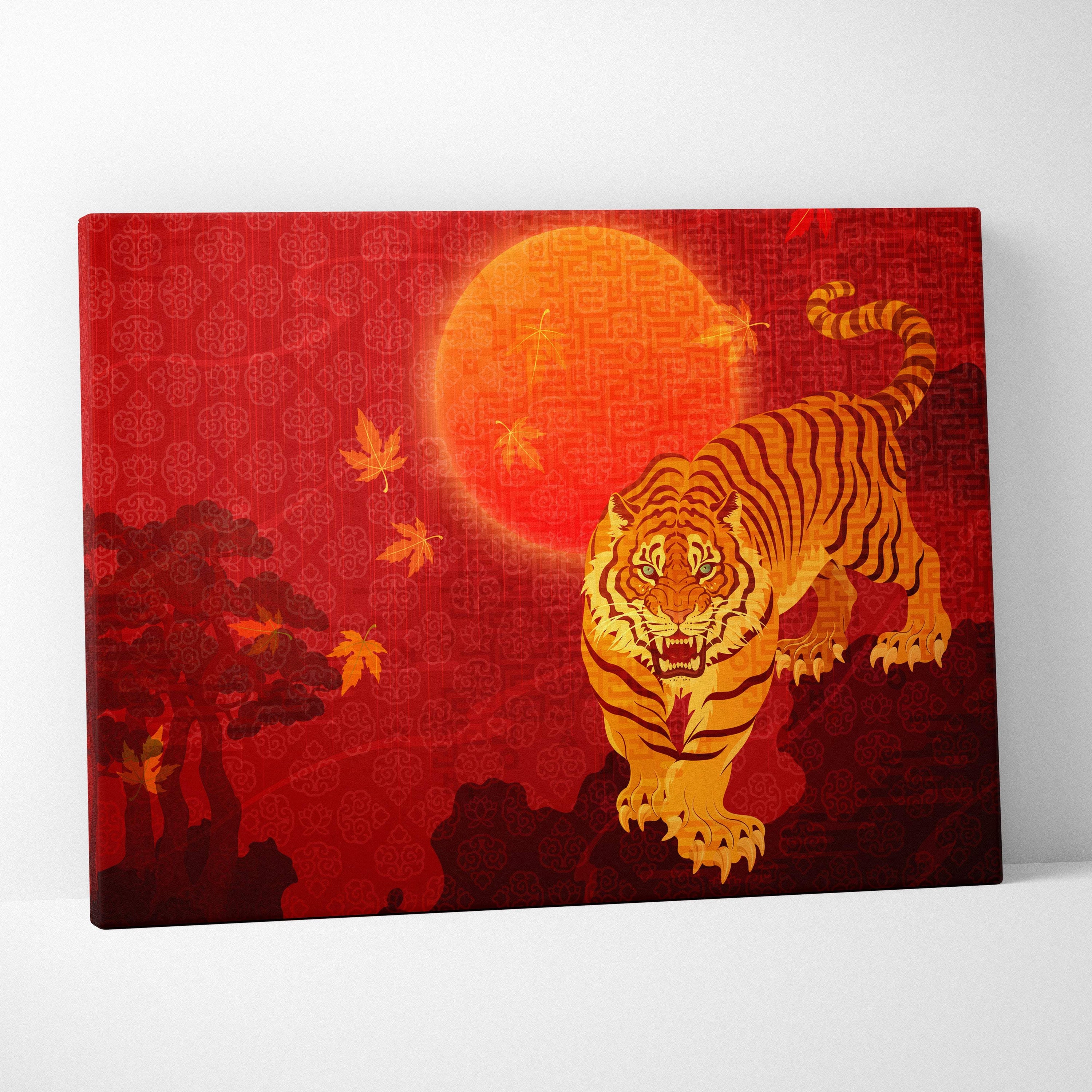 Vibrant red canvas print featuring a stylized golden tiger with orange sun and autumn leaves for living room decor