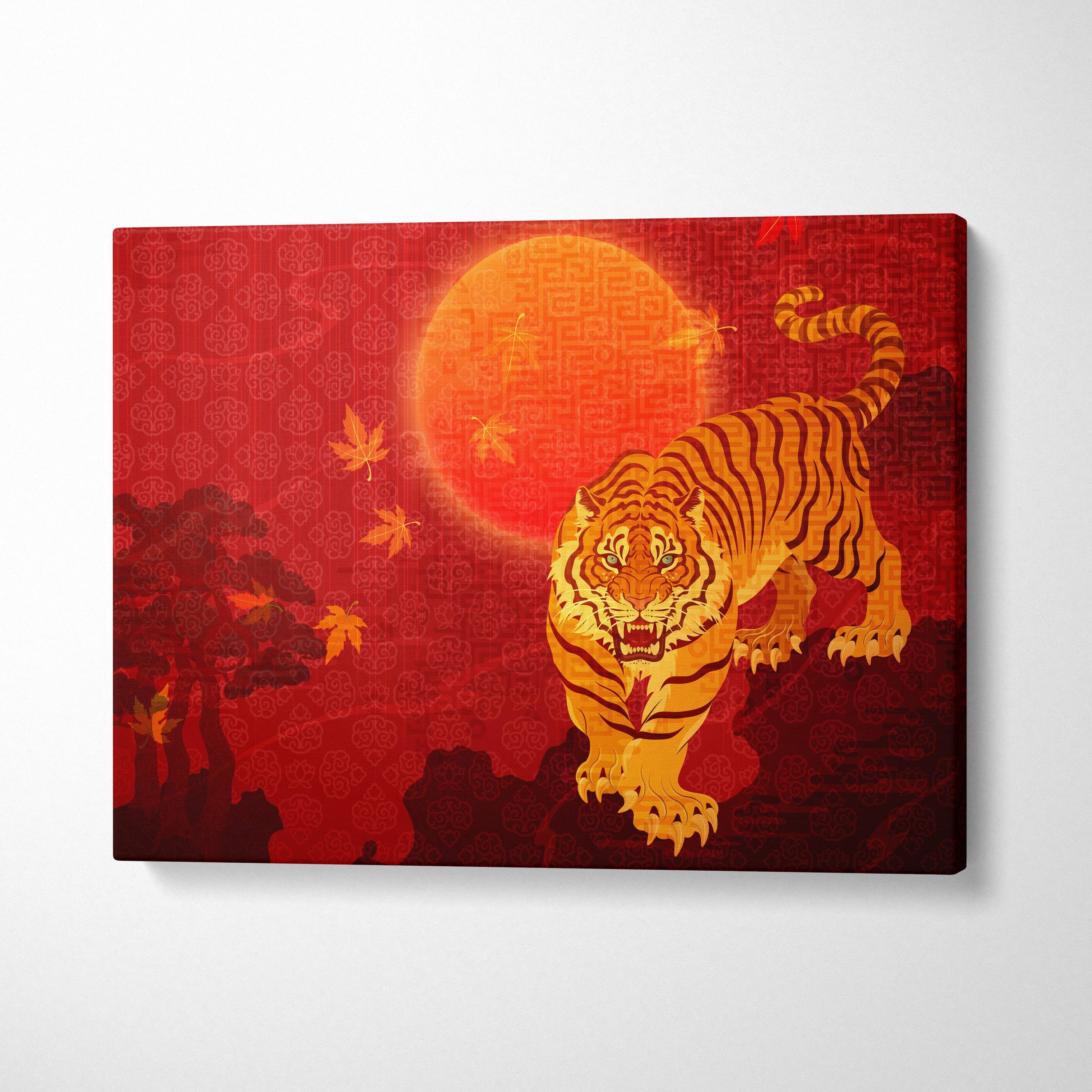 Vibrant red canvas print featuring a stylized golden tiger with black stripes against an orange sun and autumn leaves