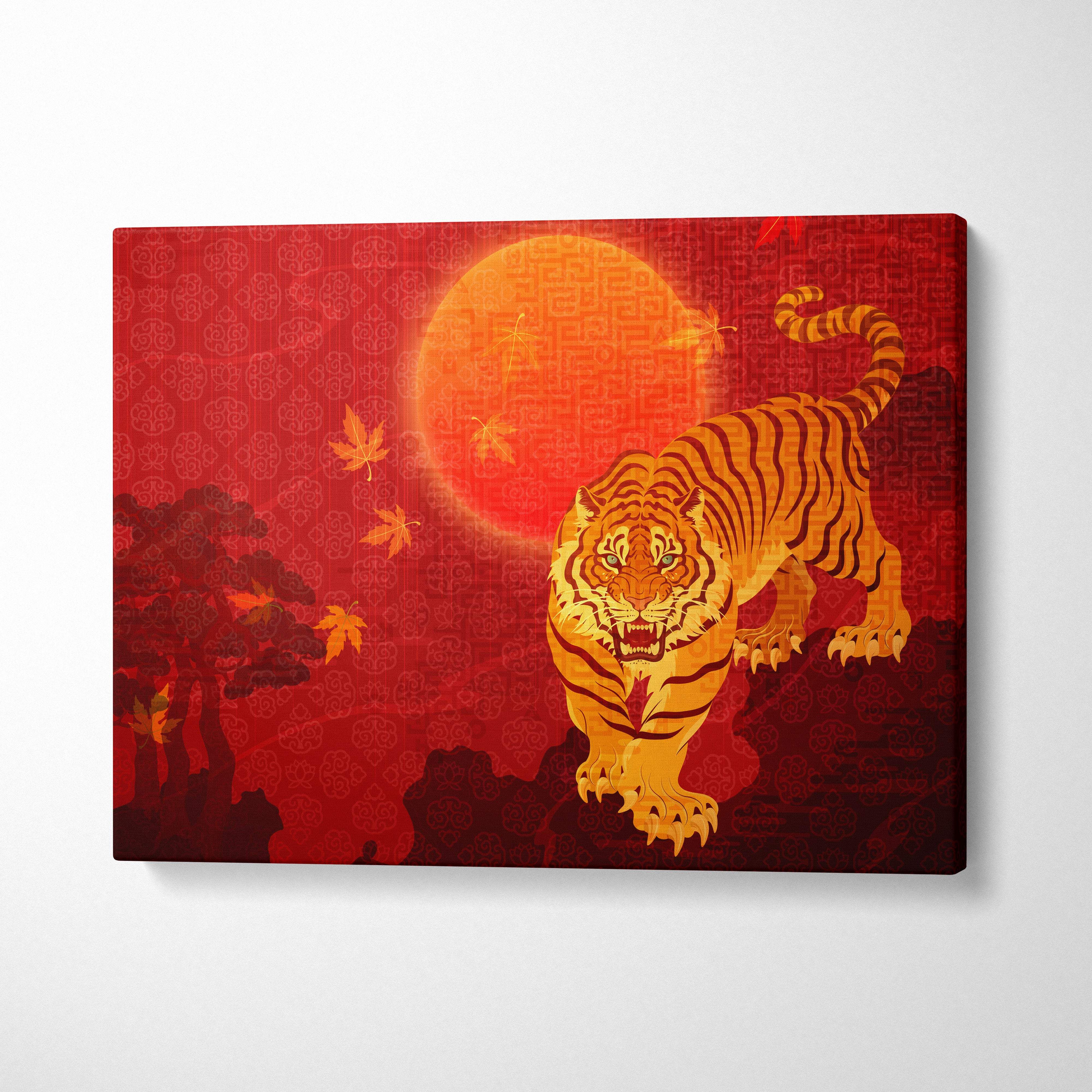Vibrant red canvas print featuring a stylized golden tiger with black stripes against an orange sun and autumn leaves