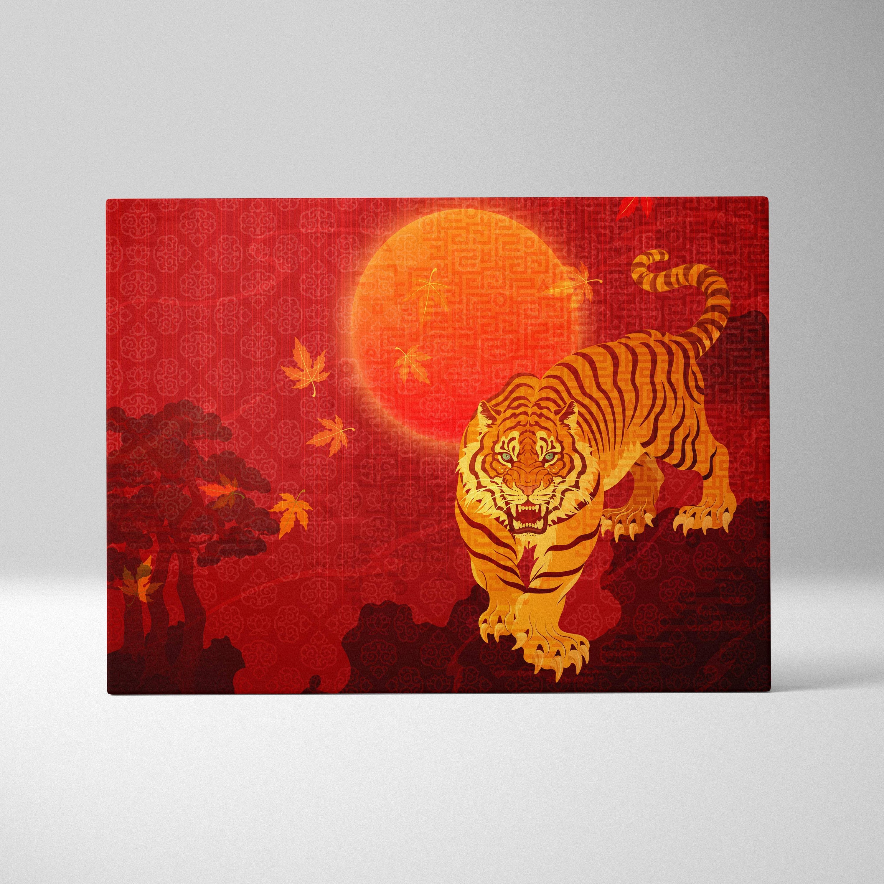 Vibrant red canvas wall art featuring a golden tiger with bold black stripes beneath an orange sun for living room decor
