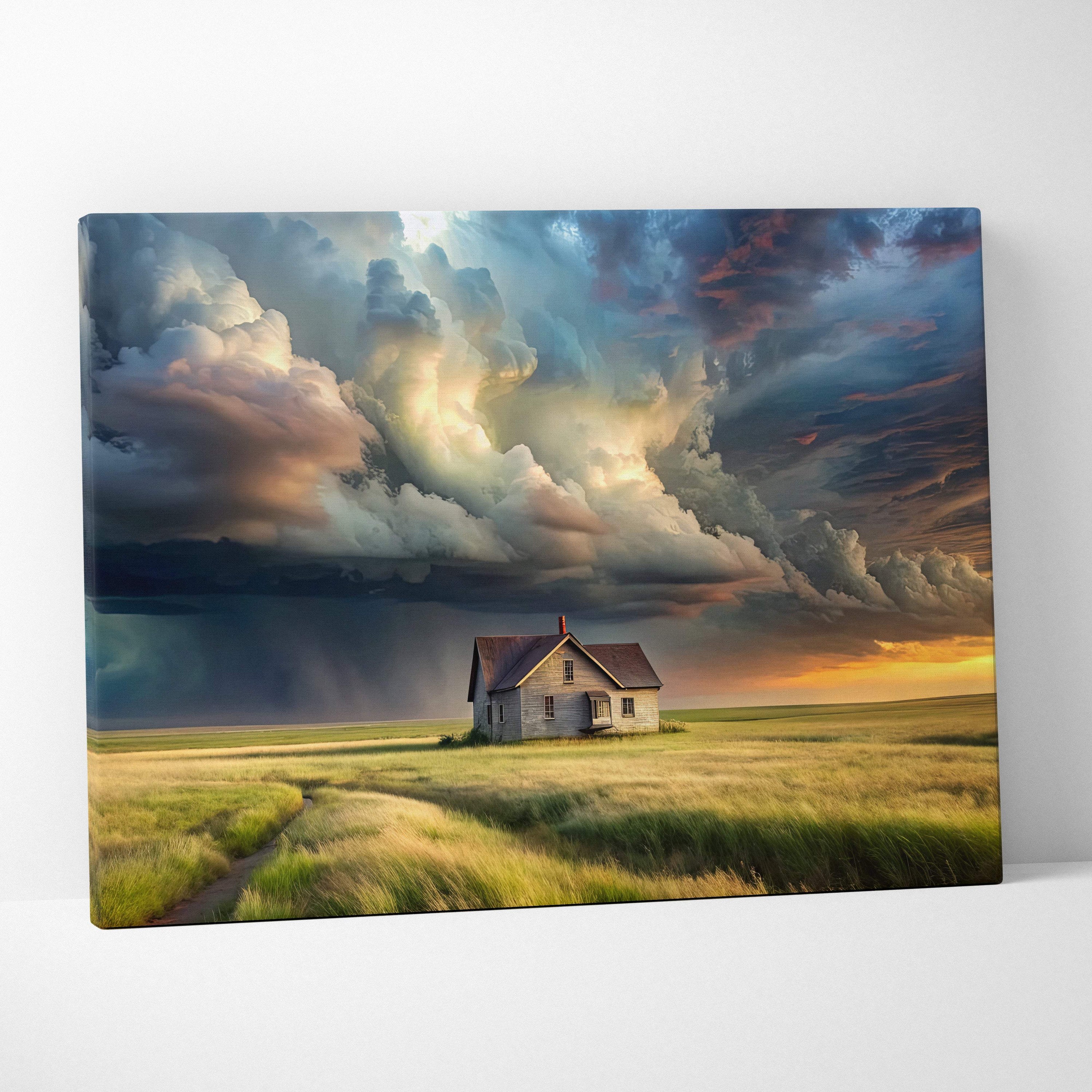 Storm over prairie house canvas art featuring a weathered gray wooden farmhouse and dramatic colorful cloudscape