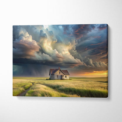 Storm over prairie house canvas art with a solitary white house under dramatic storm clouds and golden sunset hues