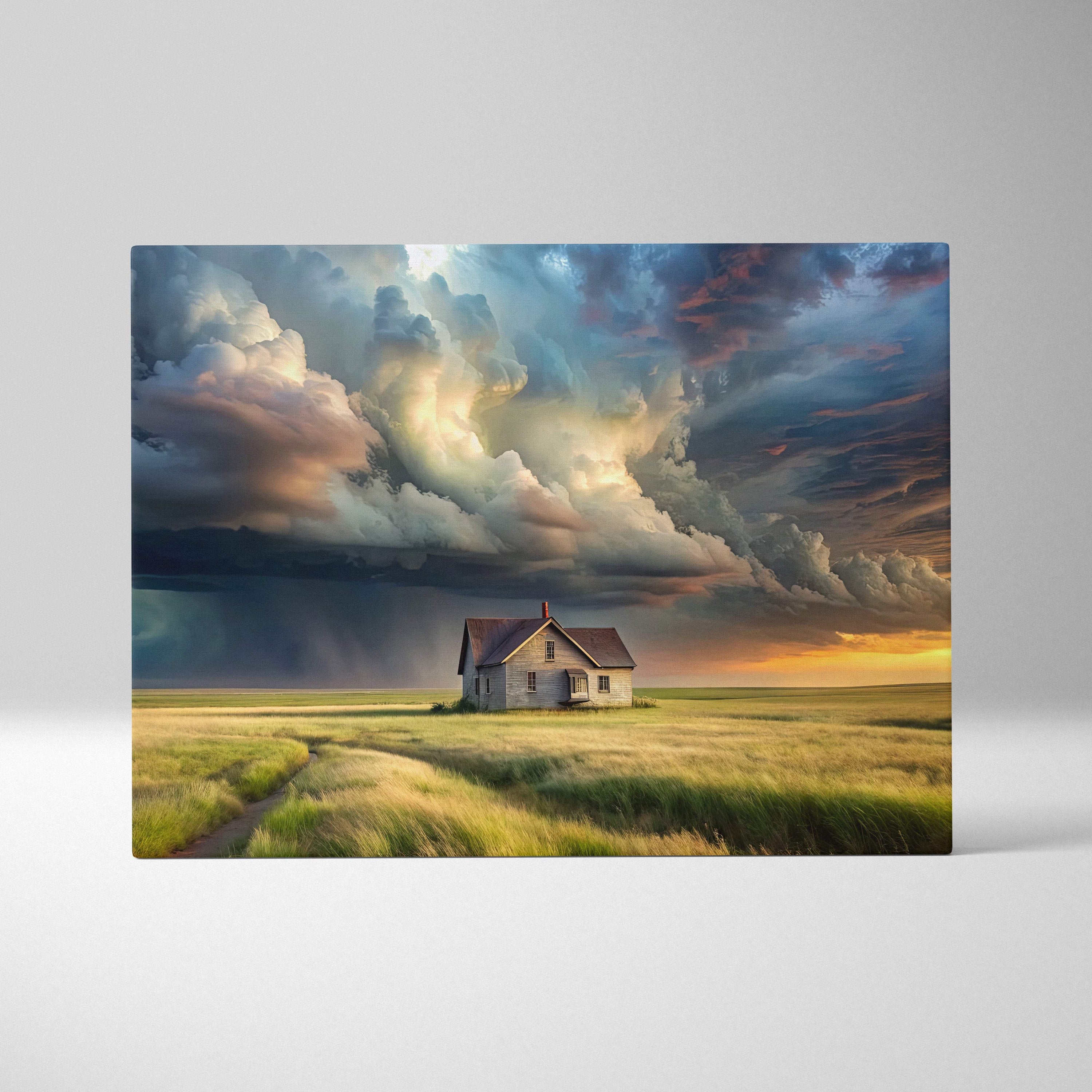 Rectangular canvas art of a white house with a dark roof in golden fields under dramatic colorful storm clouds