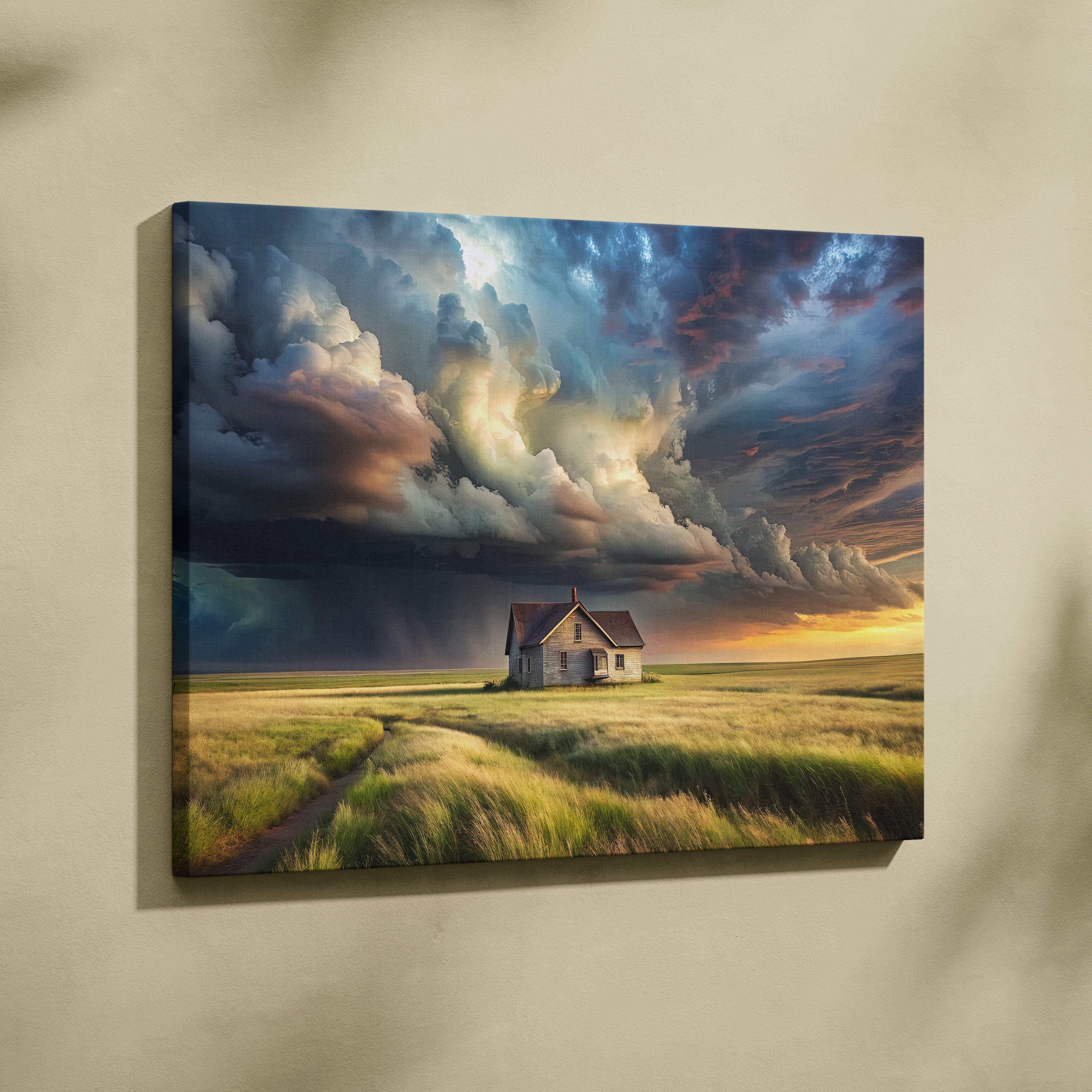 Storm over prairie house canvas art showing a weathered house under dramatic storm clouds with golden sunset hues