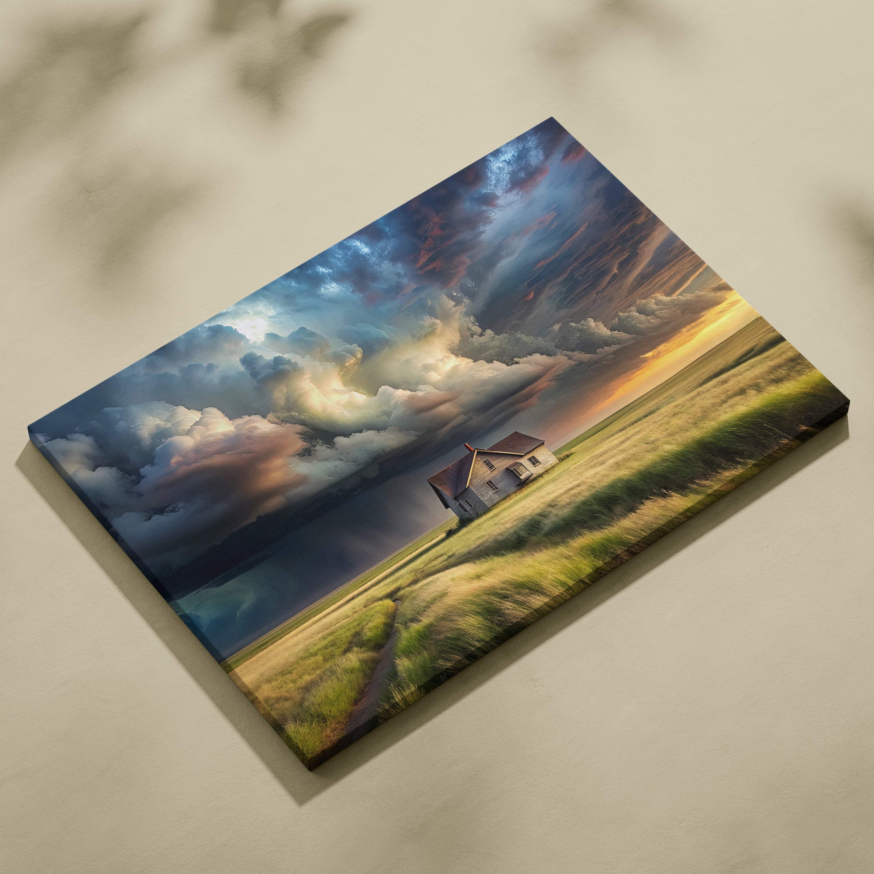 Rectangular canvas print of a stormy sky with swirling clouds over a solitary house in golden prairie fields wall decor