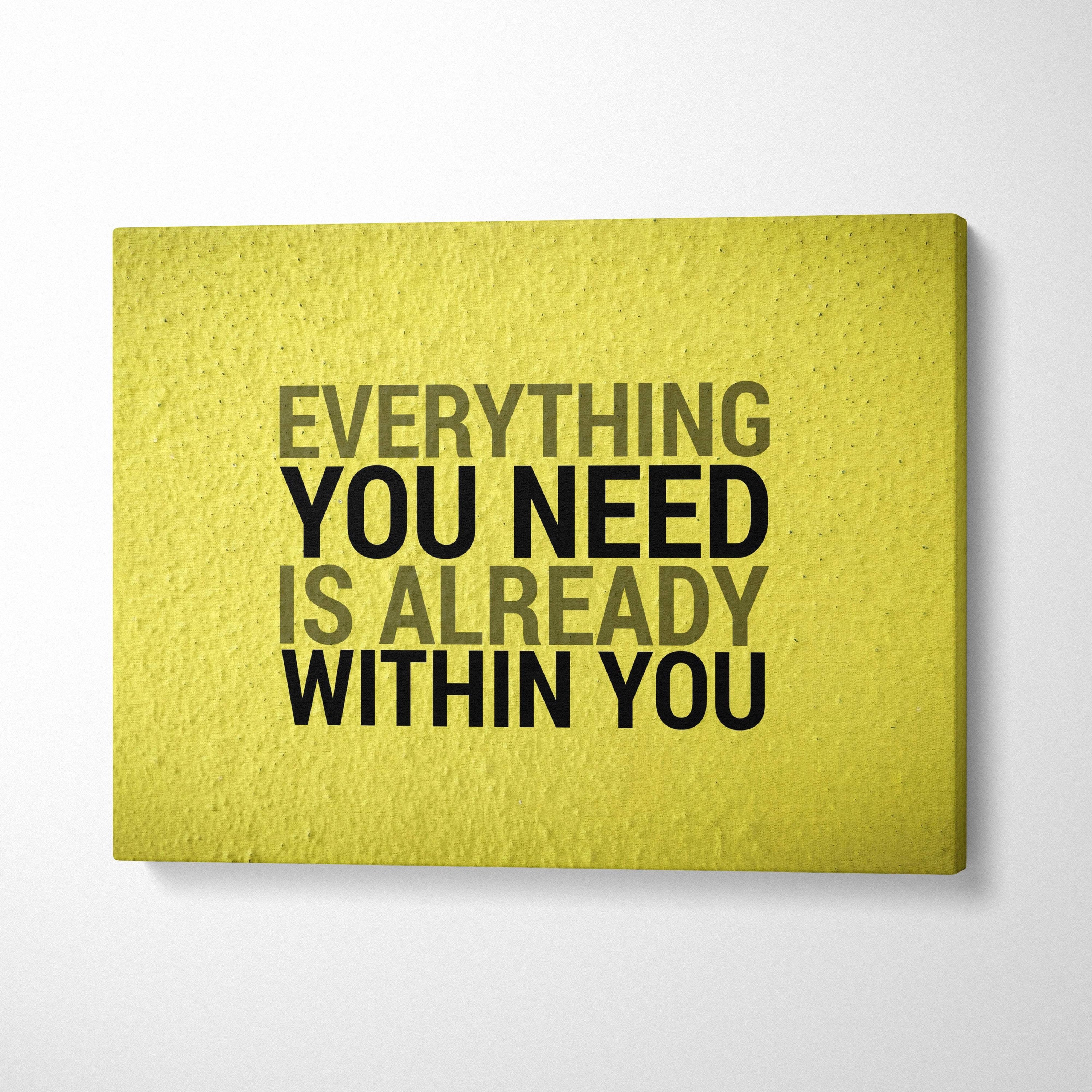 Bright yellow textured canvas wall art print with bold black and olive green motivational typography for home or office decor