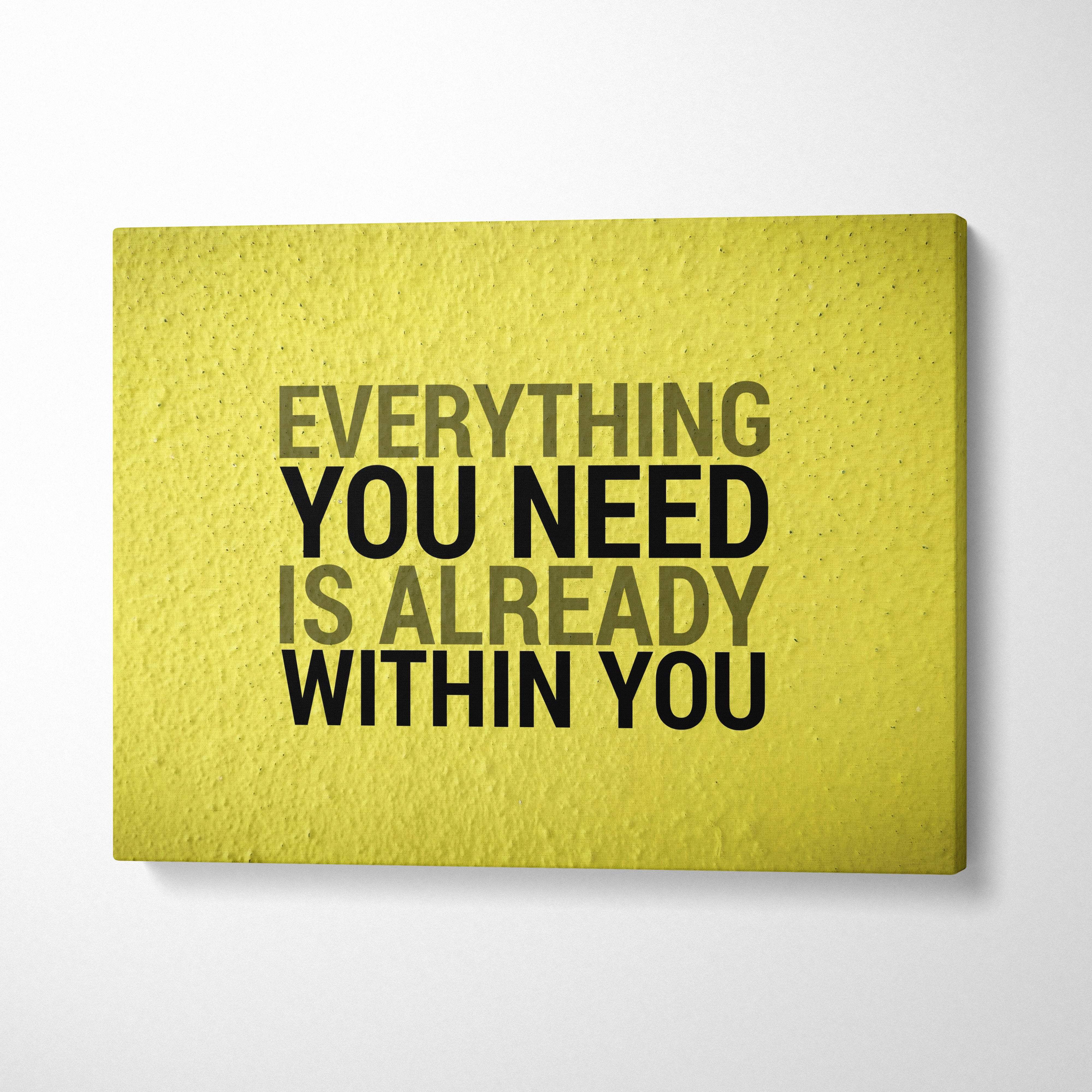 Bright yellow textured canvas wall art print with bold black and olive green motivational typography for home or office decor