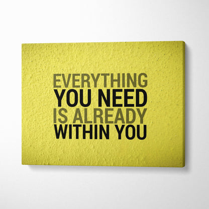 Bright yellow textured canvas wall art print with bold black and olive green motivational typography for home or office decor