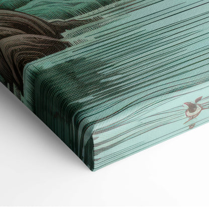 Coral willow lake canvas wall art featuring teal and brown textured wood grain finish in japanese woodblock style