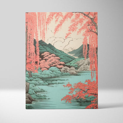 Coral willow lake canvas wall art featuring a serene japanese landscape with pink cherry blossoms over teal water