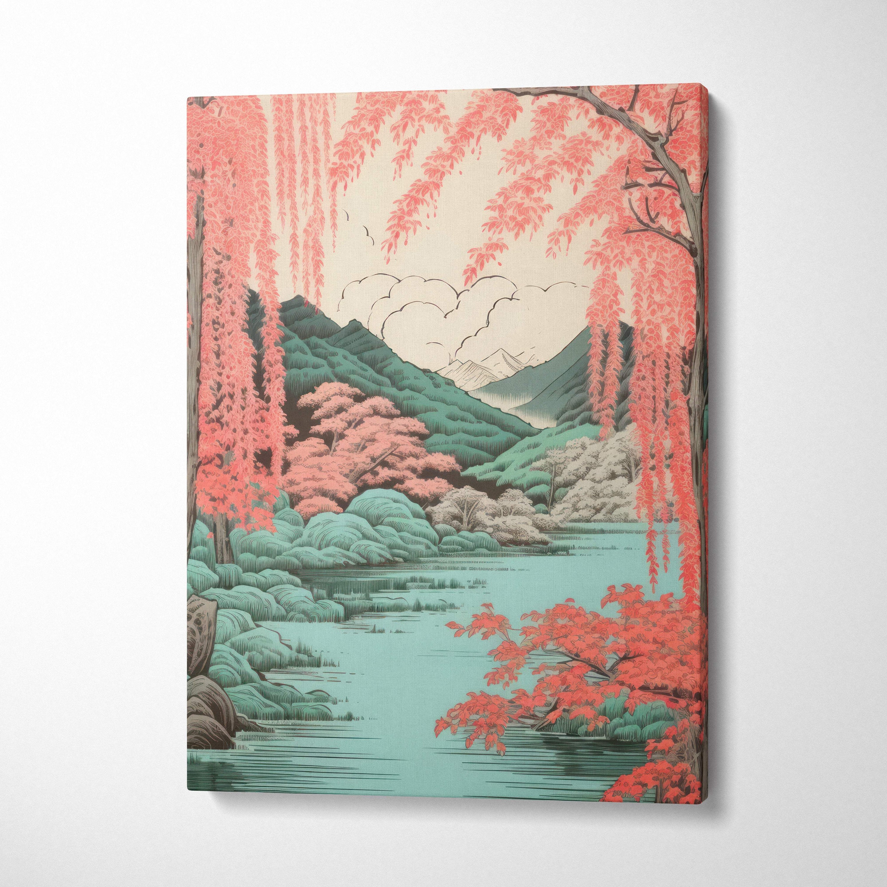 Coral willow lake canvas wall art featuring vibrant pink cherry blossoms teal mountains and calm turquoise water