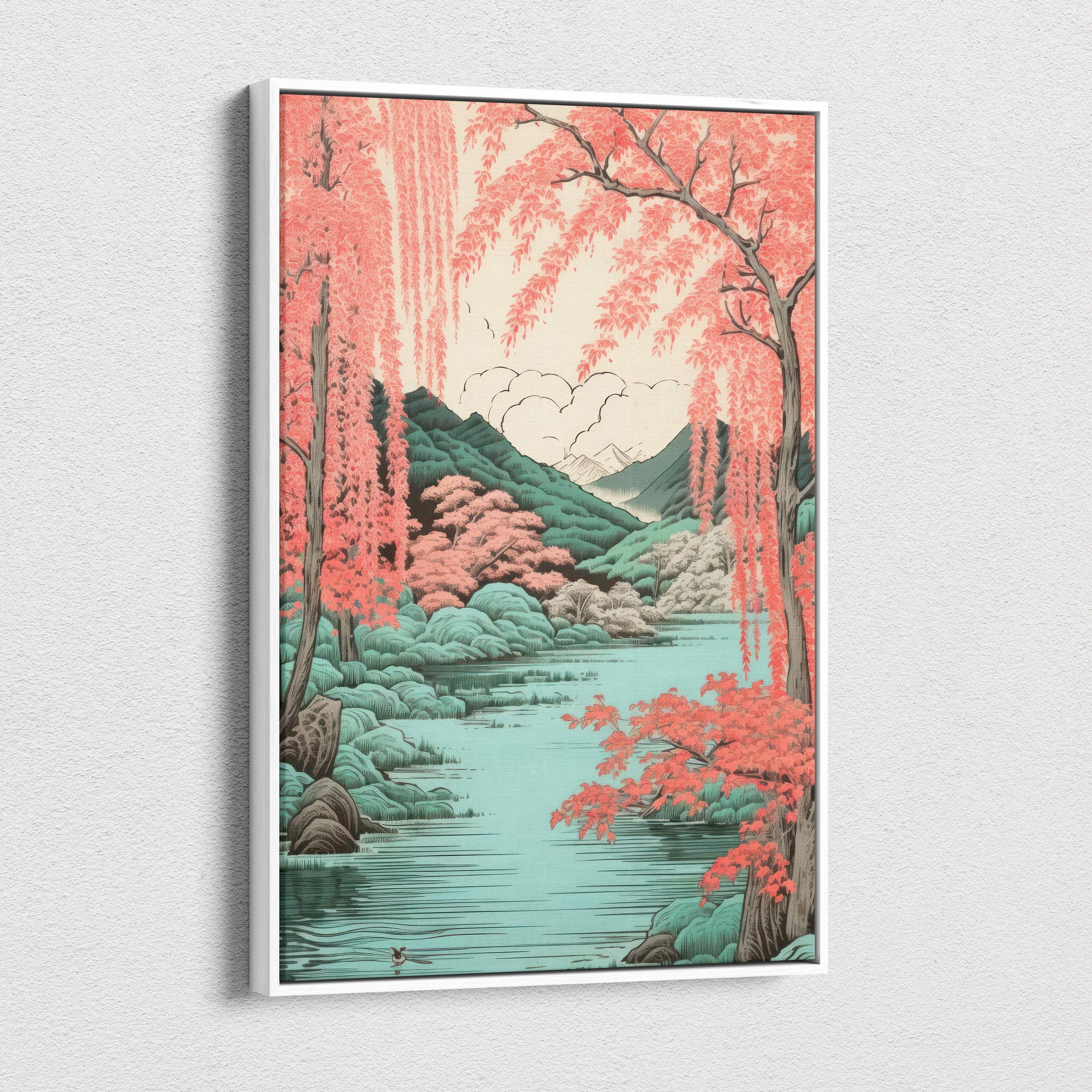 A framed coral willow lake canvas wall art depicting a serene japanese style landscape with pink cherry blossoms green mountains and teal water