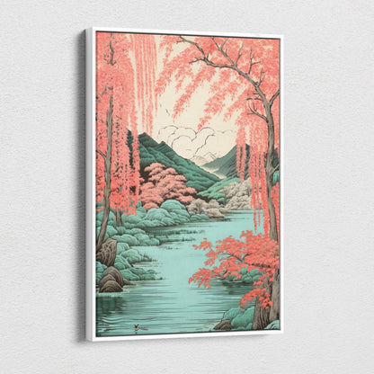 A framed coral willow lake canvas wall art depicting a serene japanese style landscape with pink cherry blossoms green mountains and teal water