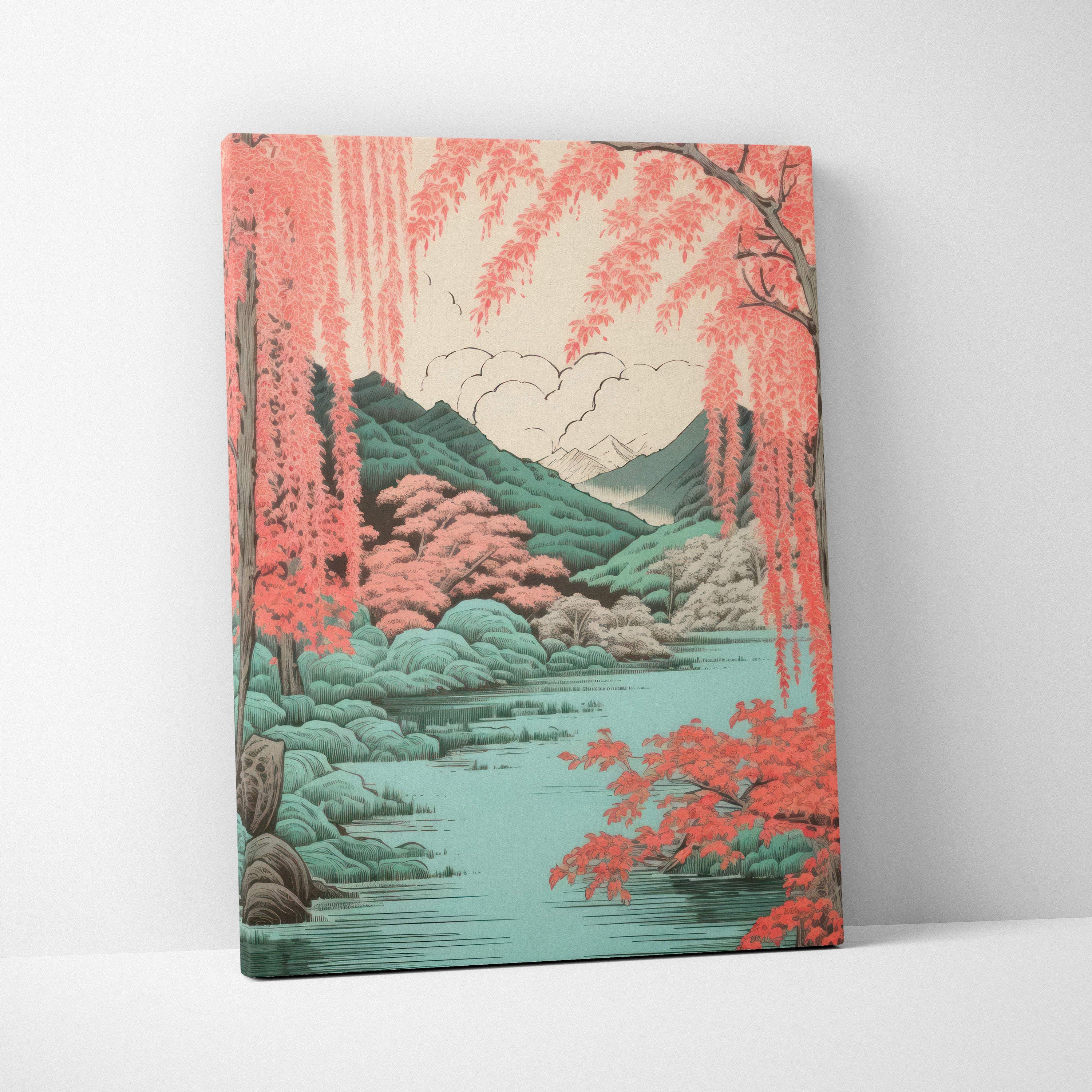 Coral willow lake canvas wall art with vibrant pink cherry blossoms teal mountains and calm turquoise water in japanese style