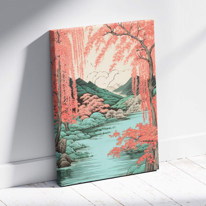 Coral willow lake canvas wall art with pink cherry blossoms teal water and green hills in japanese woodblock style