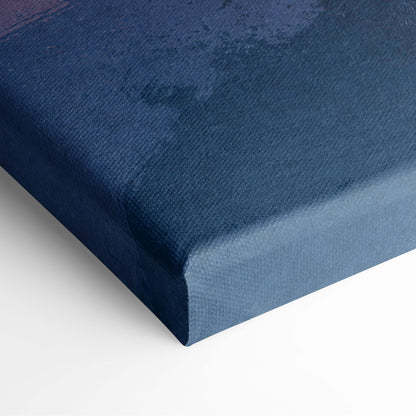 Deep navy blue textured canvas fabric surface of vibrant abstract sunset landscape wall art with warm golden sky and red foliage