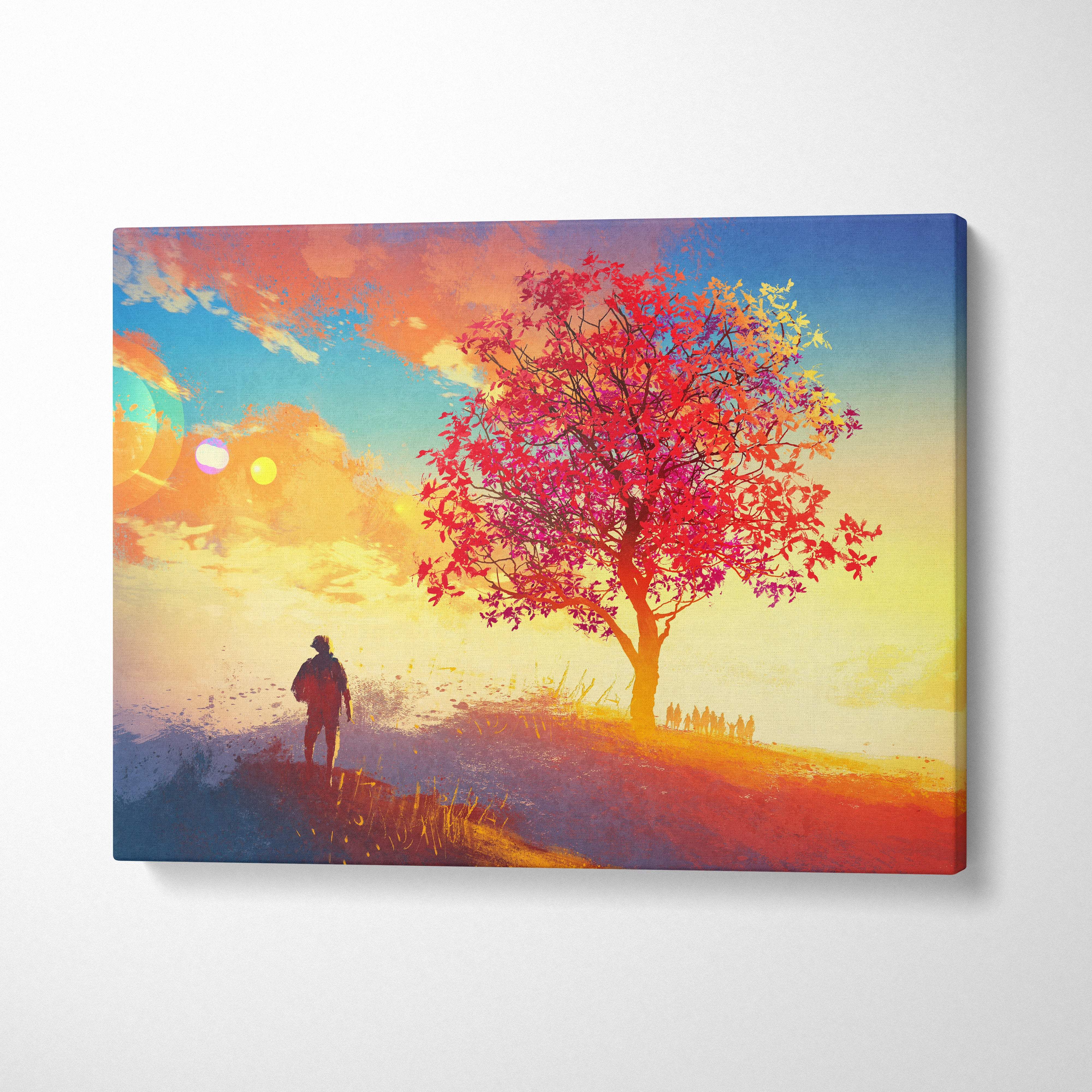 Vibrant abstract sunset landscape canvas wall art featuring a solitary tree with red foliage against a warm golden sky