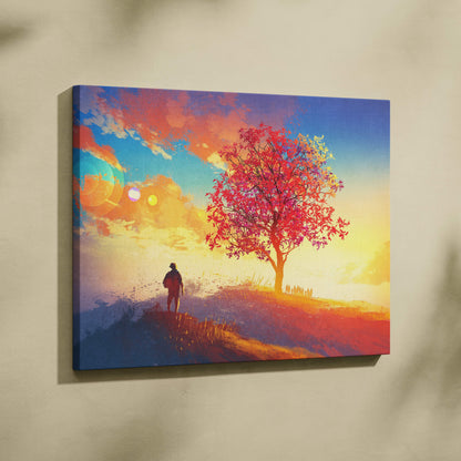 Vibrant abstract sunset landscape canvas wall art with colorful fiery red tree silhouette and warm golden sky background