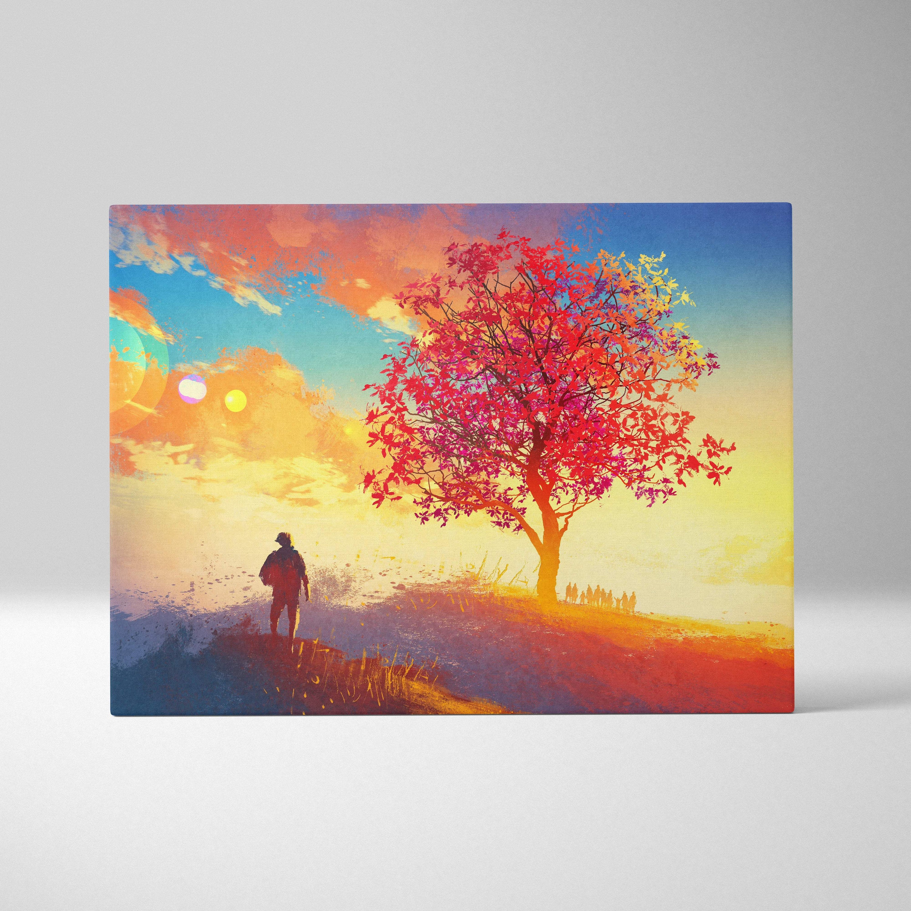 Vibrant abstract sunset landscape canvas wall art featuring a solitary figure and fiery red tree against a dreamy sky