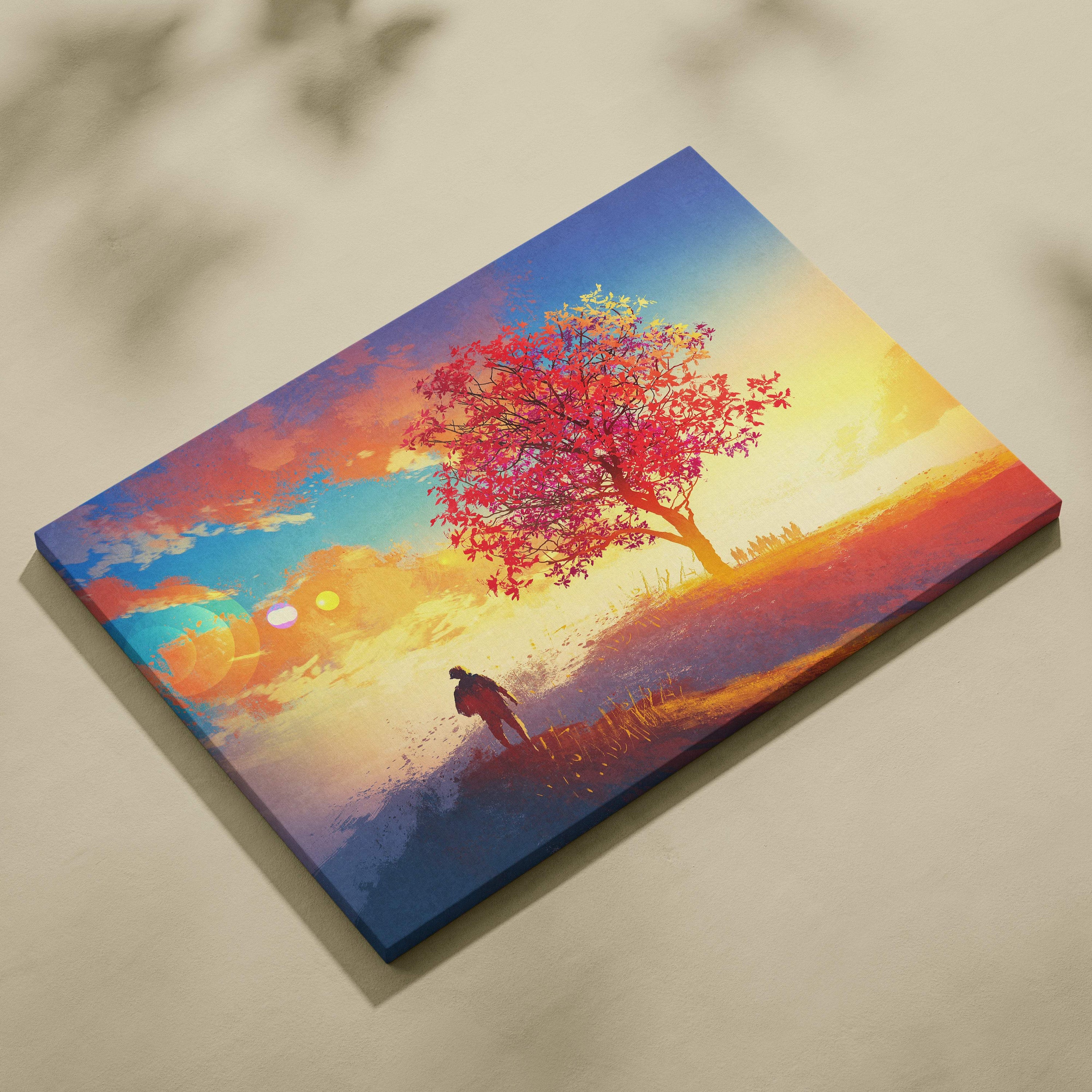 Vibrant abstract sunset landscape canvas wall art featuring a solitary figure under a fiery red tree silhouette