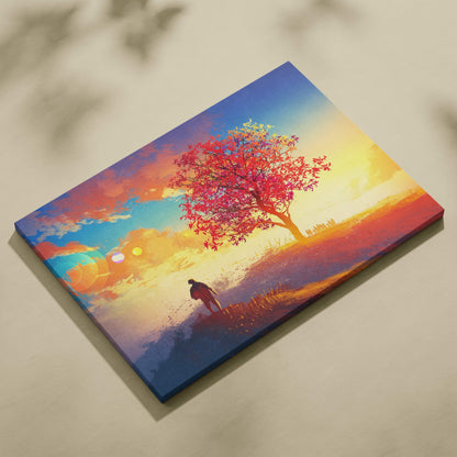Vibrant abstract sunset landscape canvas wall art featuring a solitary figure under a fiery red tree silhouette