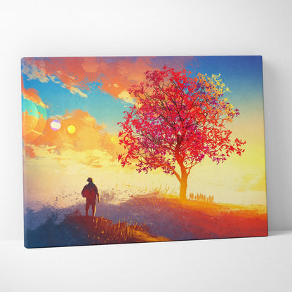 Vibrant abstract sunset landscape canvas wall art with a solitary figure and fiery red tree against a golden sky