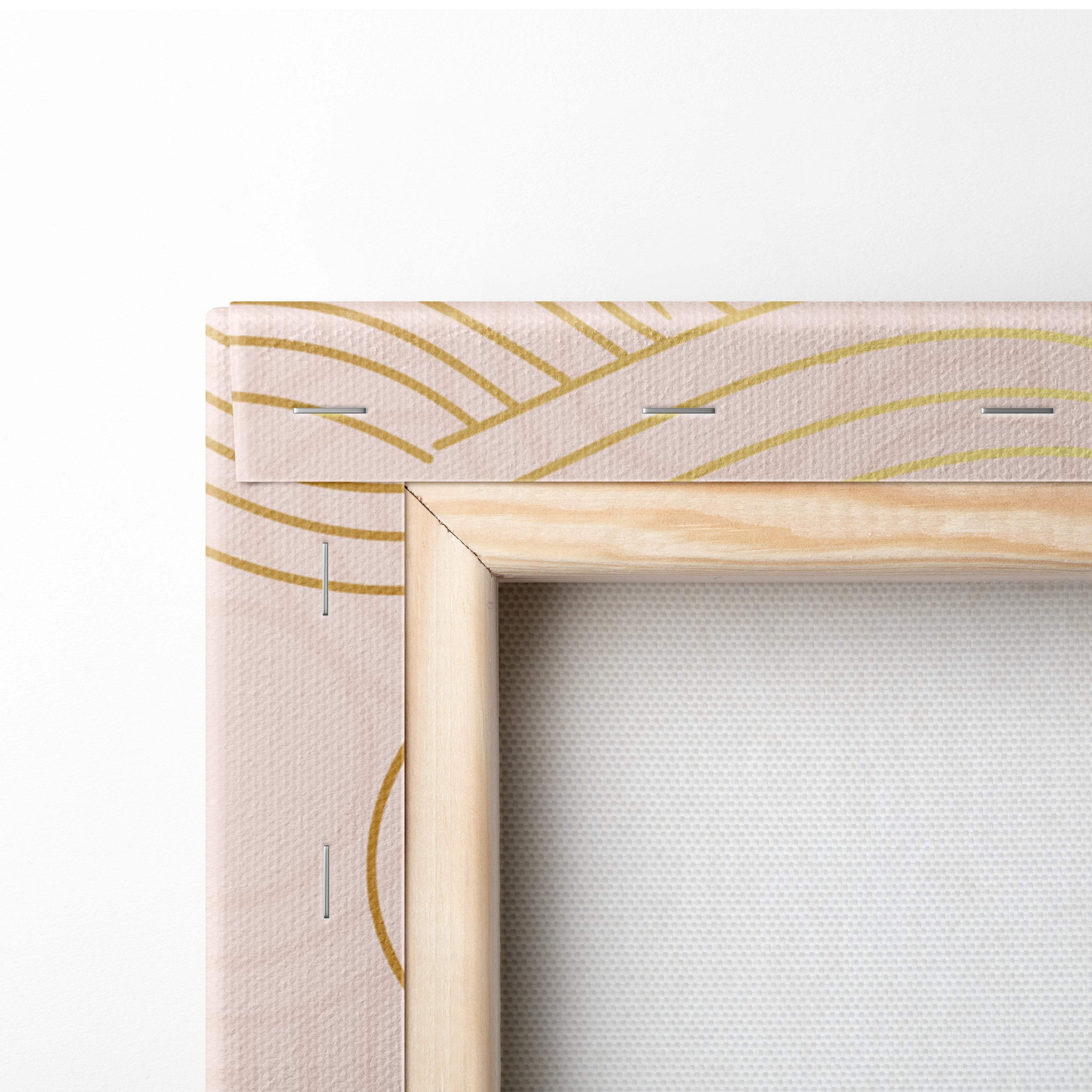 Pink koi fish canvas wall art with delicate gold wave patterns on light pink canvas framed in natural wood for decor