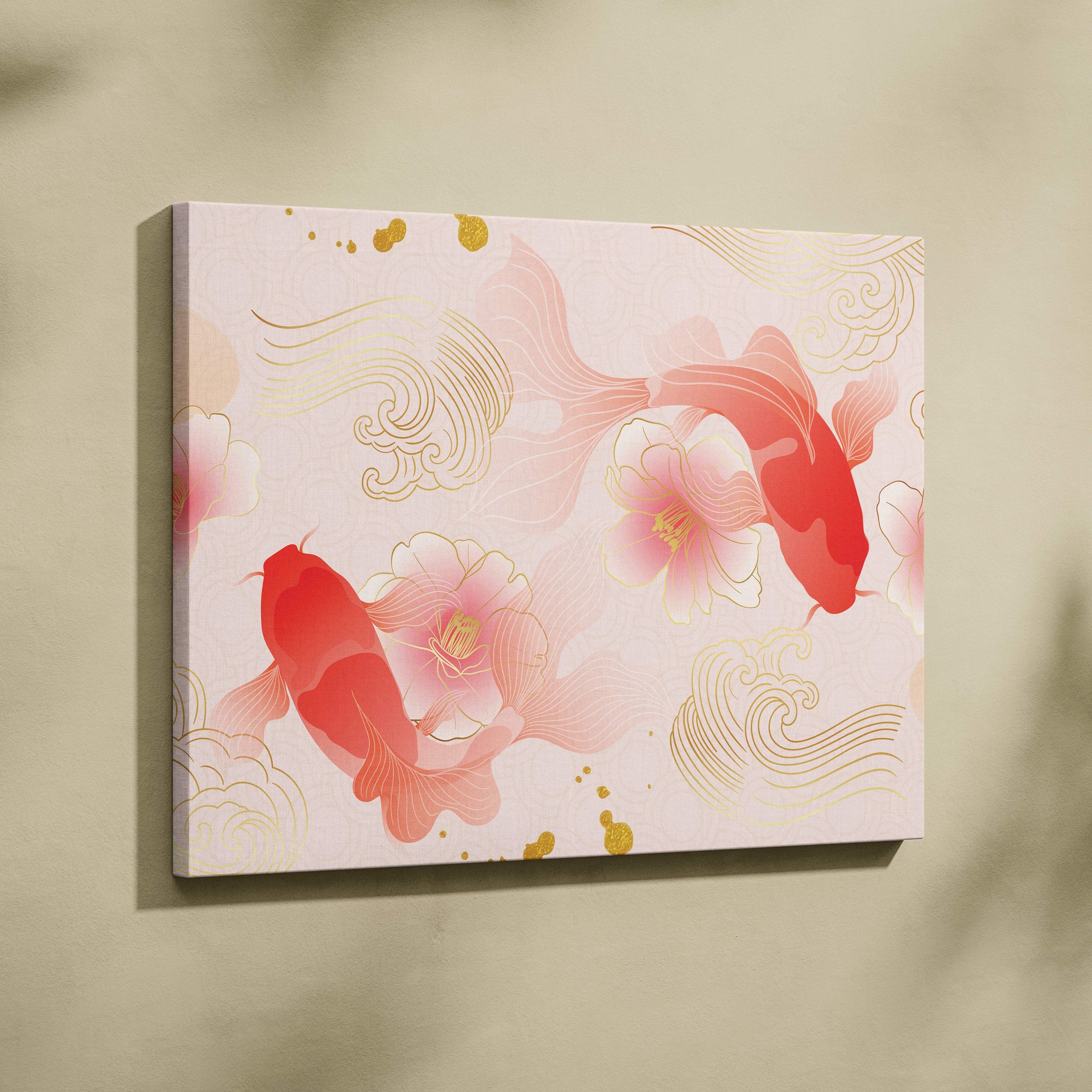 A rectangular pink koi fish canvas wall art with vibrant red and pink koi, gold swirls, and soft floral wave decor