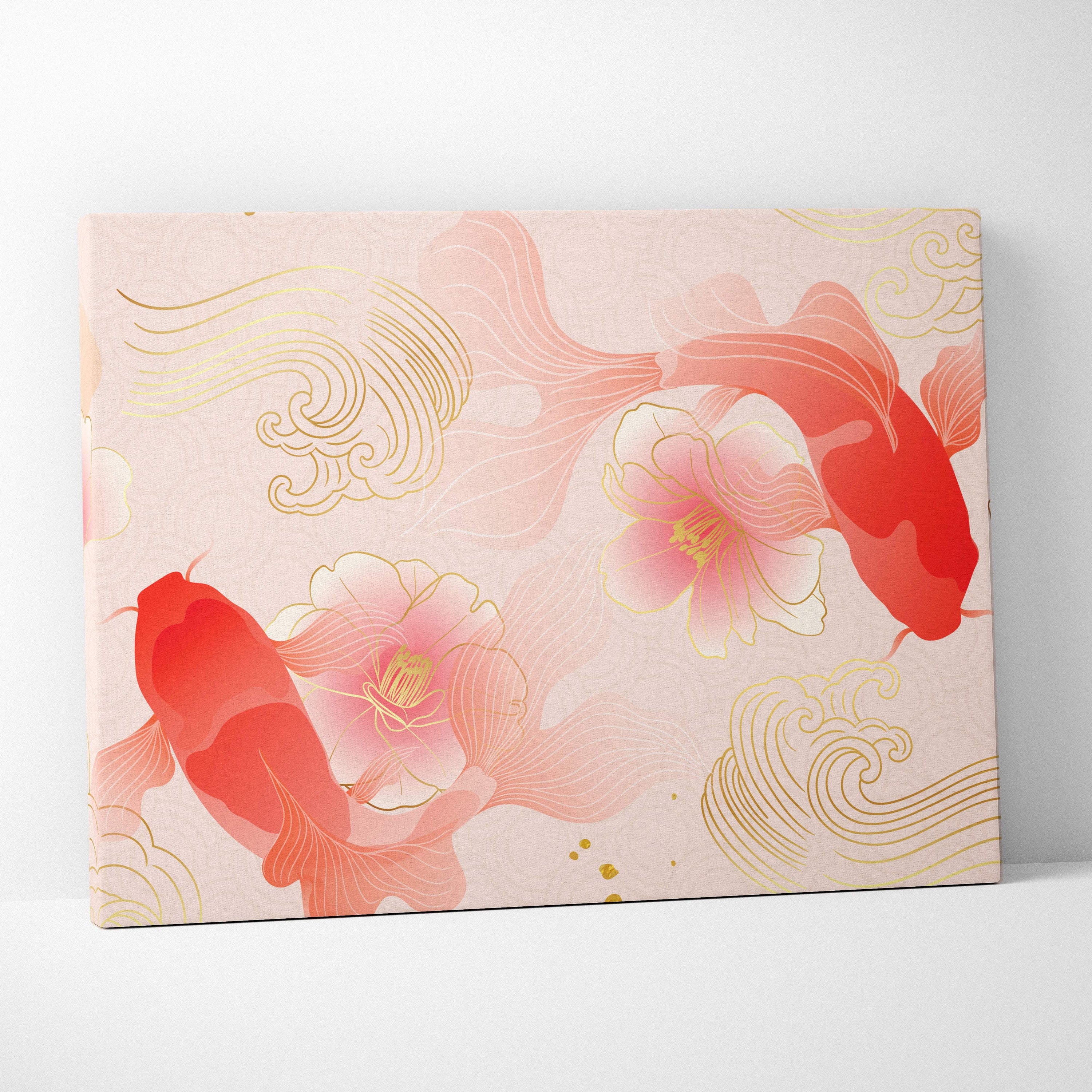 Rectangular pink koi fish canvas wall art with red and gold foil accents in a soft floral wave oriental style