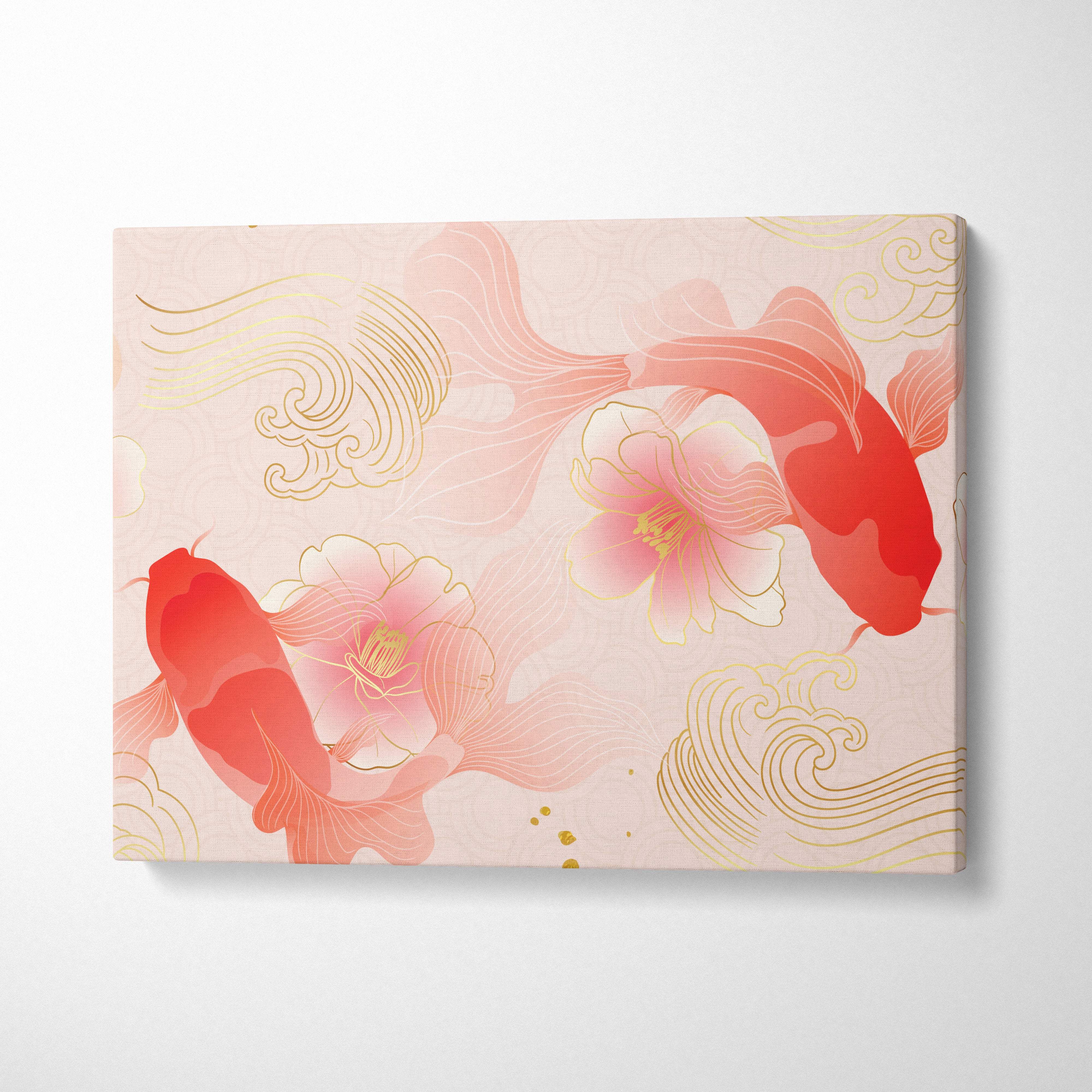 Pink koi fish canvas wall art with vibrant red and orange koi, soft floral wave decor, and gold oriental vector accents