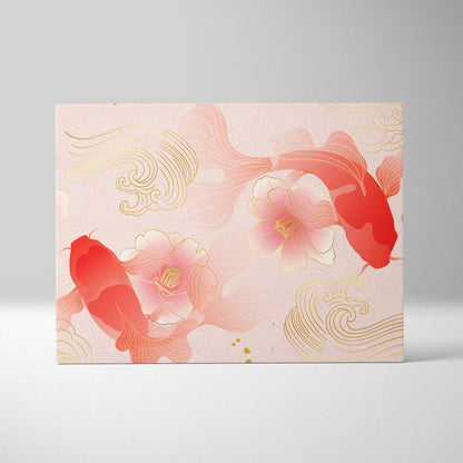 Pink koi fish canvas wall art featuring elegant red and pink goldfish with gold floral waves on a soft blush background