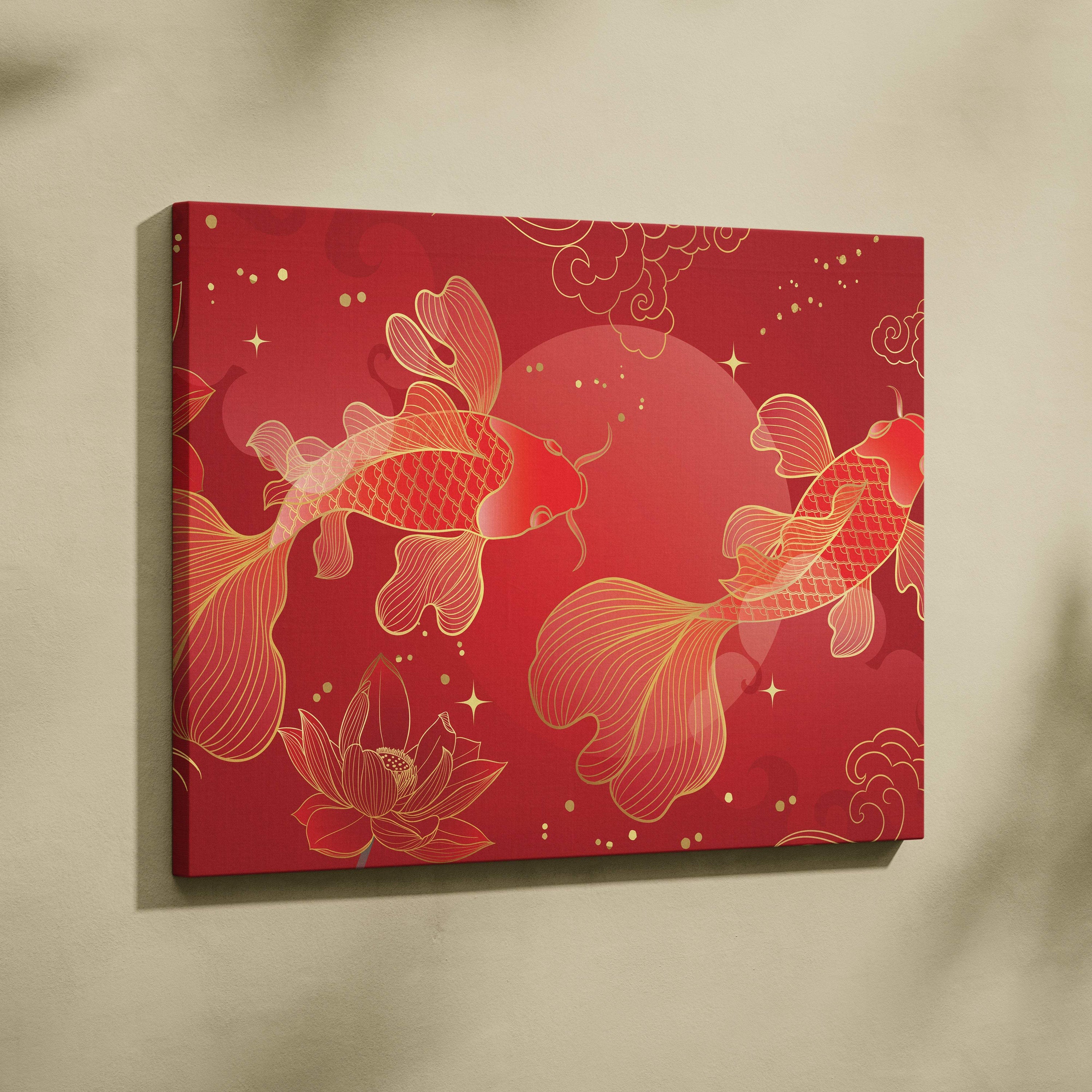 Red gold koi fish canvas wall art with gold-outlined koi and lotus flowers on vibrant red background for elegant decor