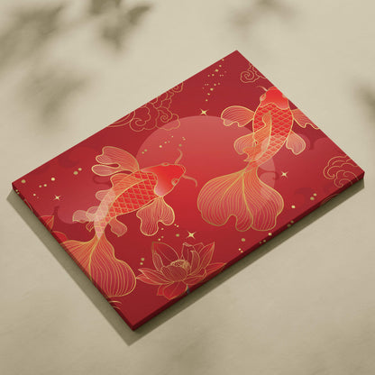 Red gold koi fish canvas wall art with gold-outlined koi swimming among clouds and lotus flowers on red canvas