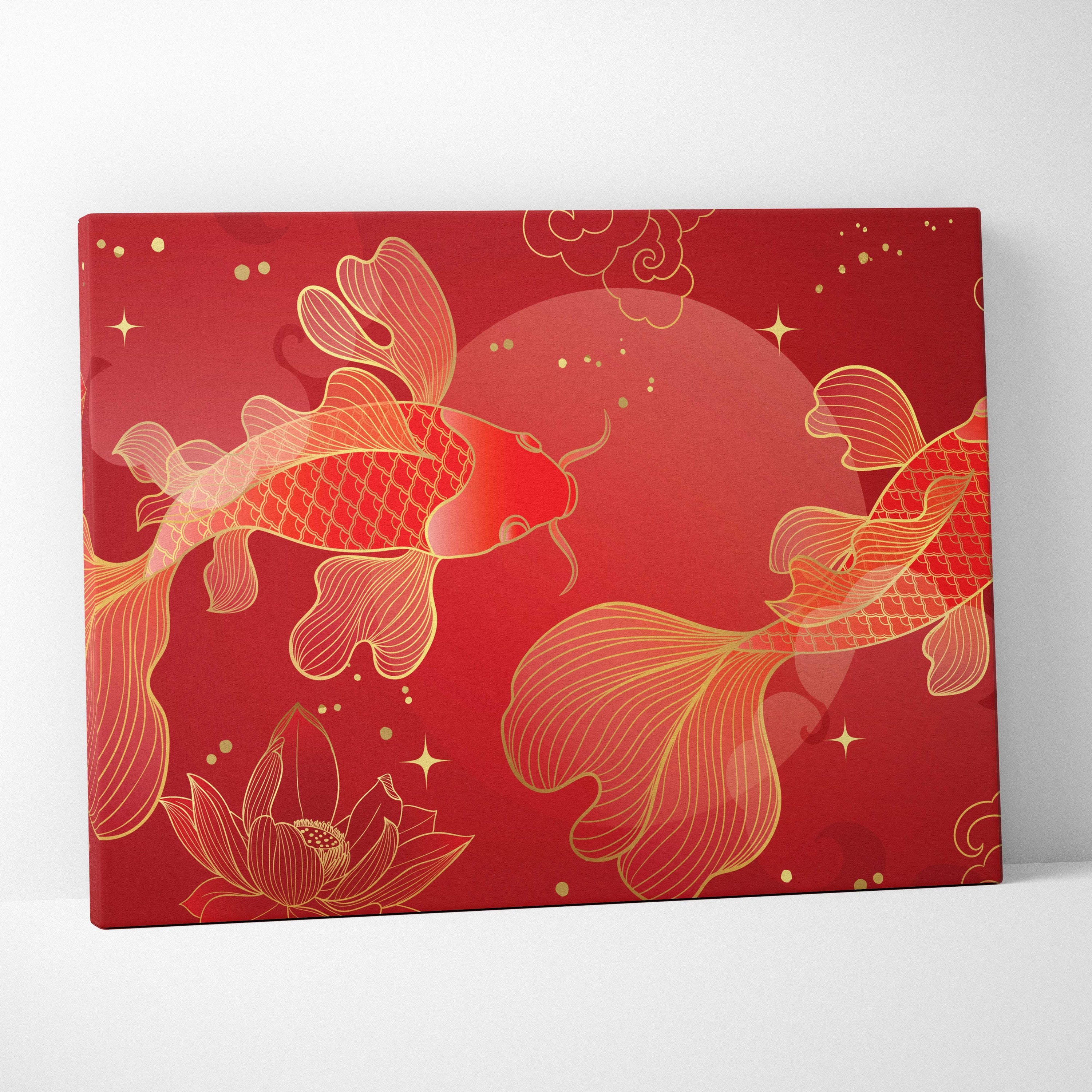 Red gold koi fish canvas wall art with elegant gold-outlined koi fish and lotus flowers on vibrant red background