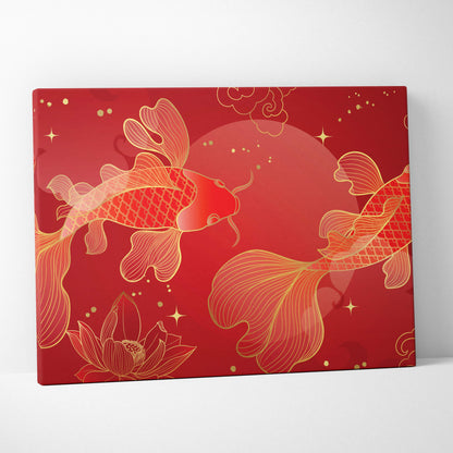 Red gold koi fish canvas wall art with elegant gold-outlined koi fish and lotus flowers on vibrant red background
