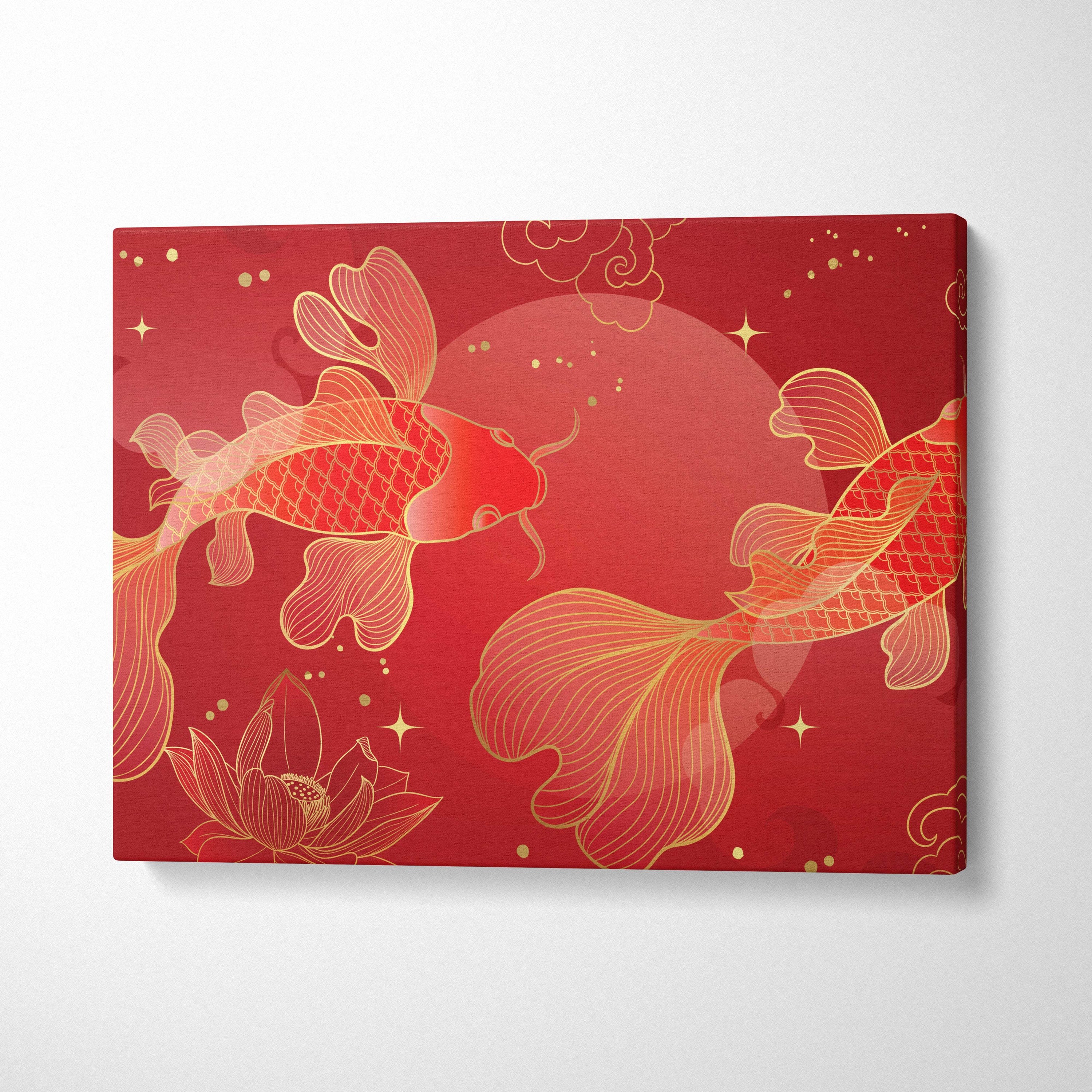 Red gold koi fish canvas wall art with two gold outlined koi fish on red background with lotus and star accents