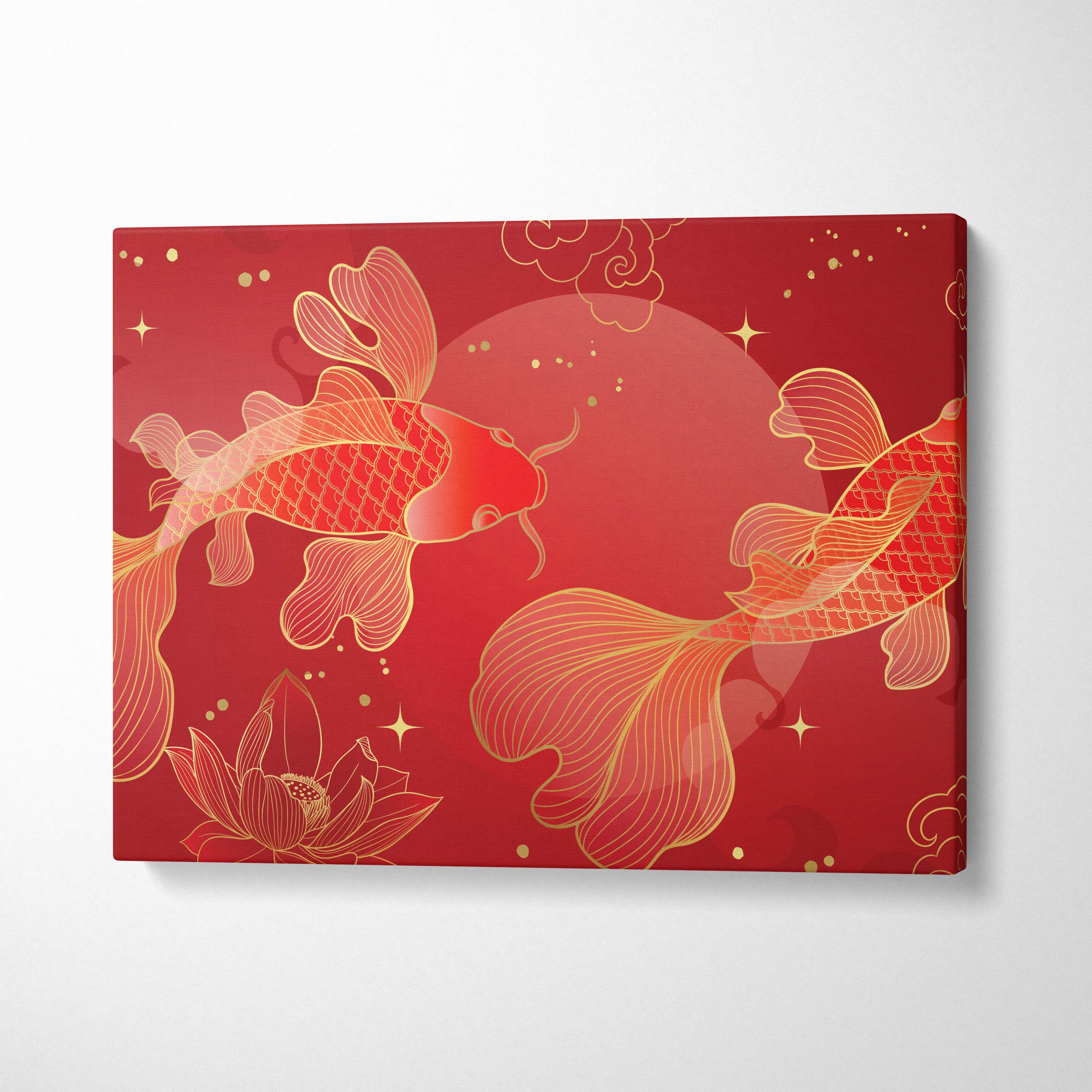 Red gold koi fish canvas wall art with two gold outlined koi fish on red background with lotus and star accents
