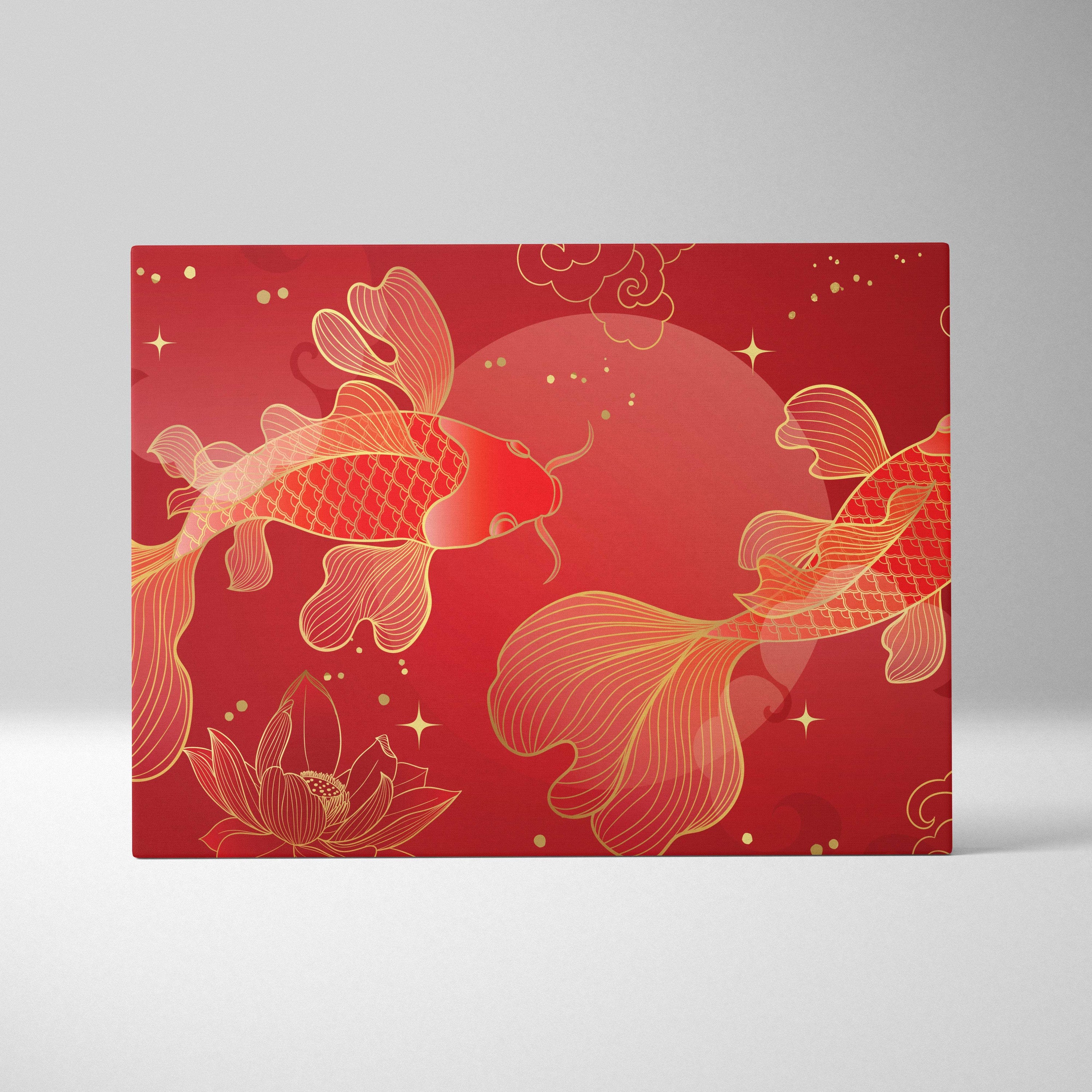 Red gold koi fish canvas wall art featuring two gold-outlined koi on red background with lotus floral decor