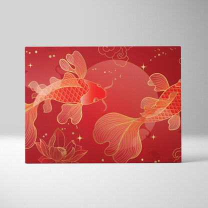Red gold koi fish canvas wall art featuring two gold-outlined koi on red background with lotus floral decor