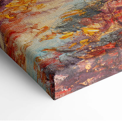 A textured canvas print of an abstract painting with bold red yellow and blue strokes for vibrant wall art
