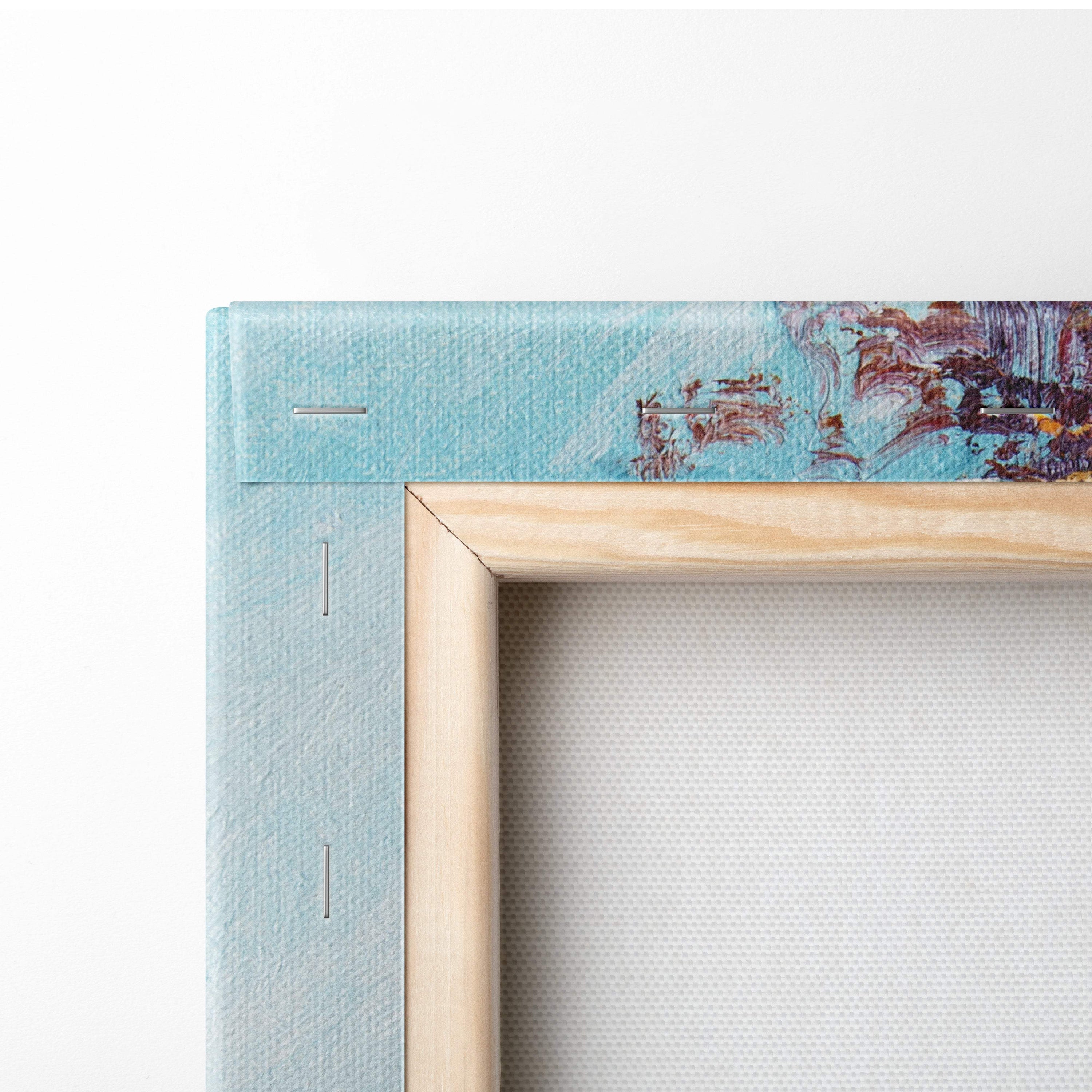 Light blue canvas painting with abstract purple and brown brushstrokes in natural wood frame for wall art decor
