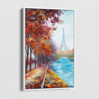 A framed canvas print of a vibrant autumn Paris landscape with warm red and gold trees by the riverbank and Eiffel Tower