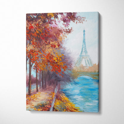 A vibrant canvas print of the eiffel tower in soft blue tones with autumn red and orange trees by a riverbank