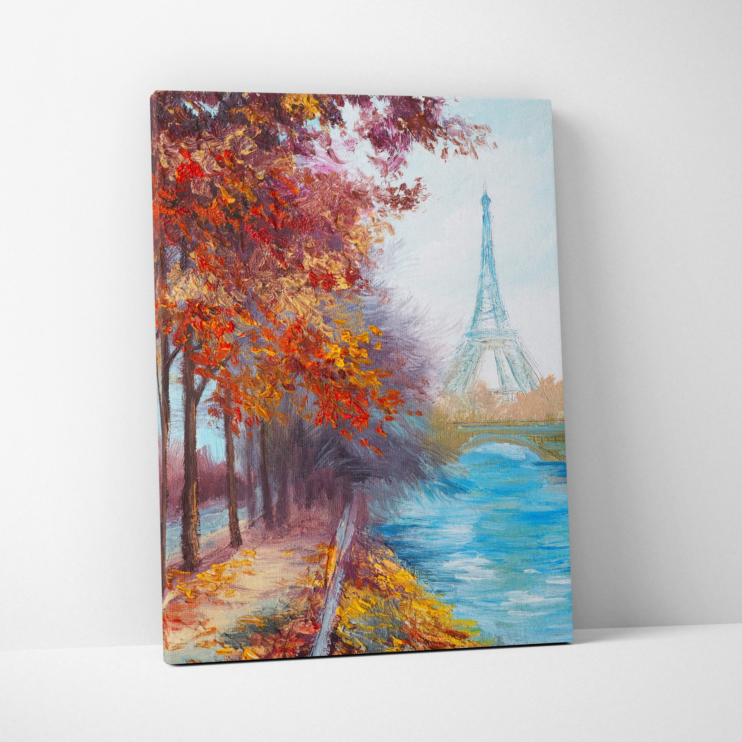 A vibrant paris autumn landscape canvas print featuring the eiffel tower framed by fiery red and gold trees along a riverbank