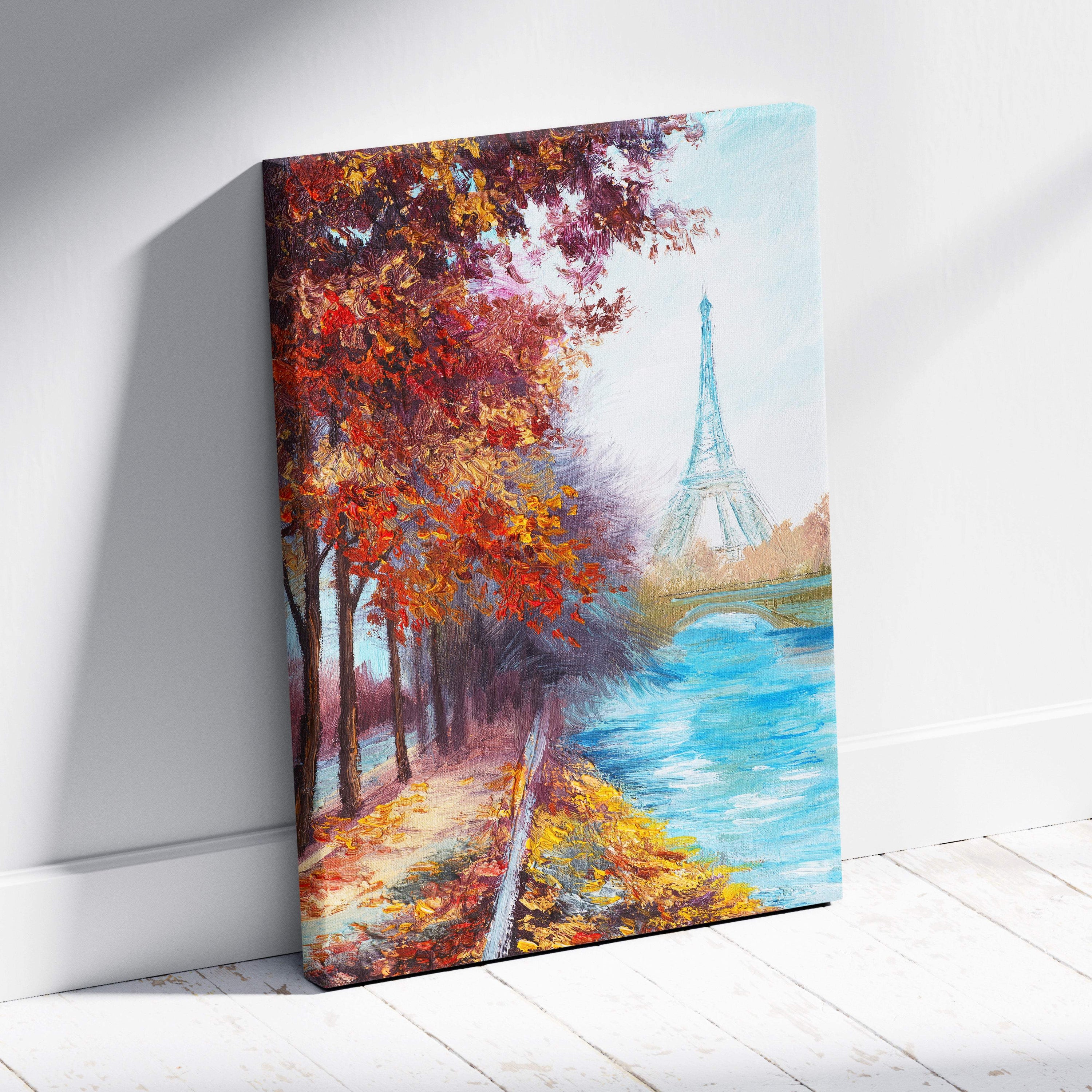 Vibrant paris autumn landscape canvas print featuring eiffel tower by seine river with red and gold fall leaves