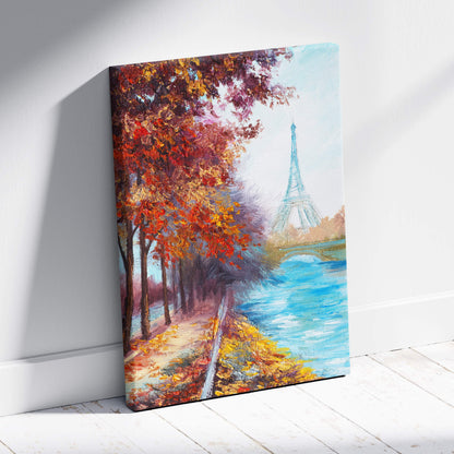 Vibrant paris autumn landscape canvas print featuring eiffel tower by seine river with red and gold fall leaves