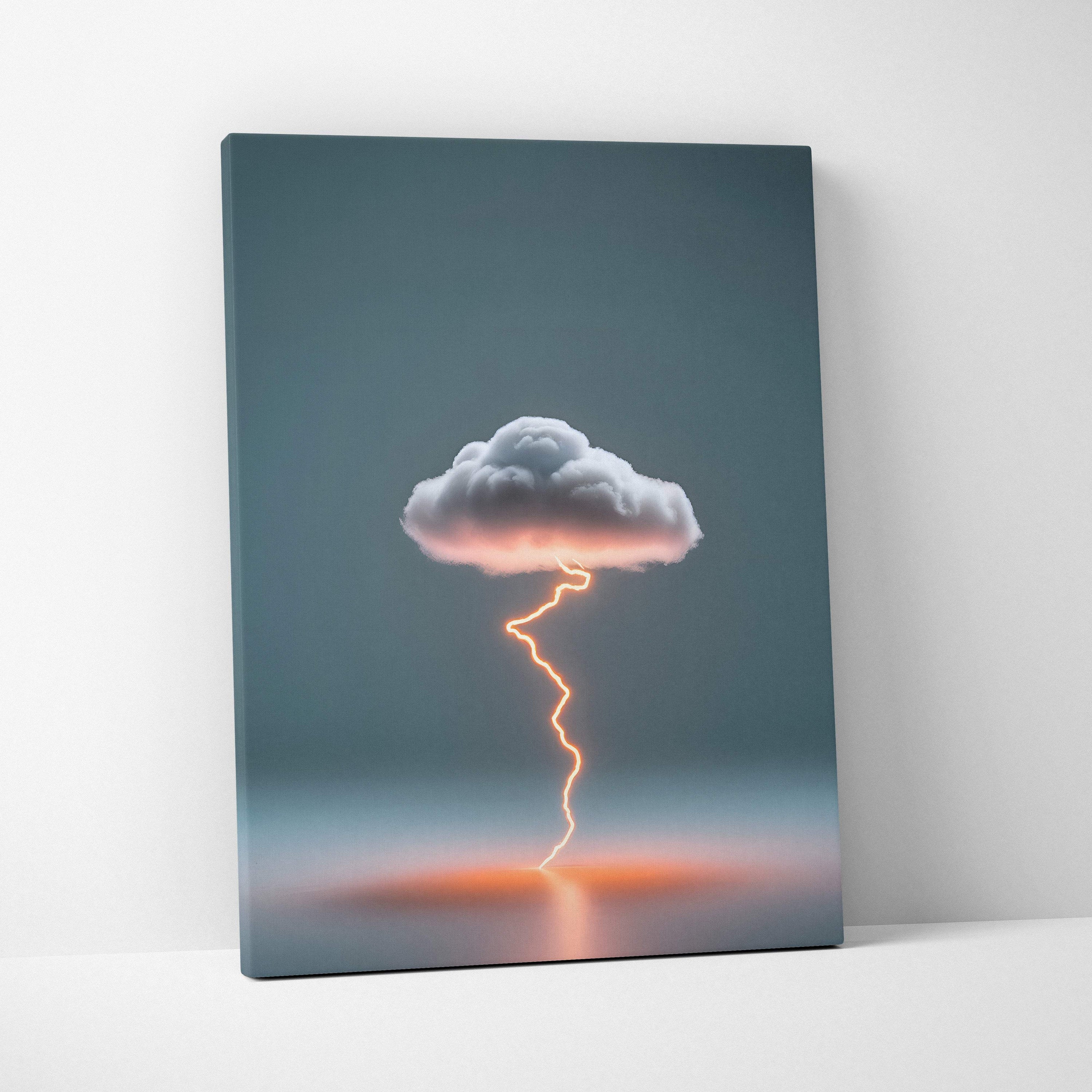 A canvas print of a minimalist thundercloud with a glowing orange lightning bolt on a muted teal sky background
