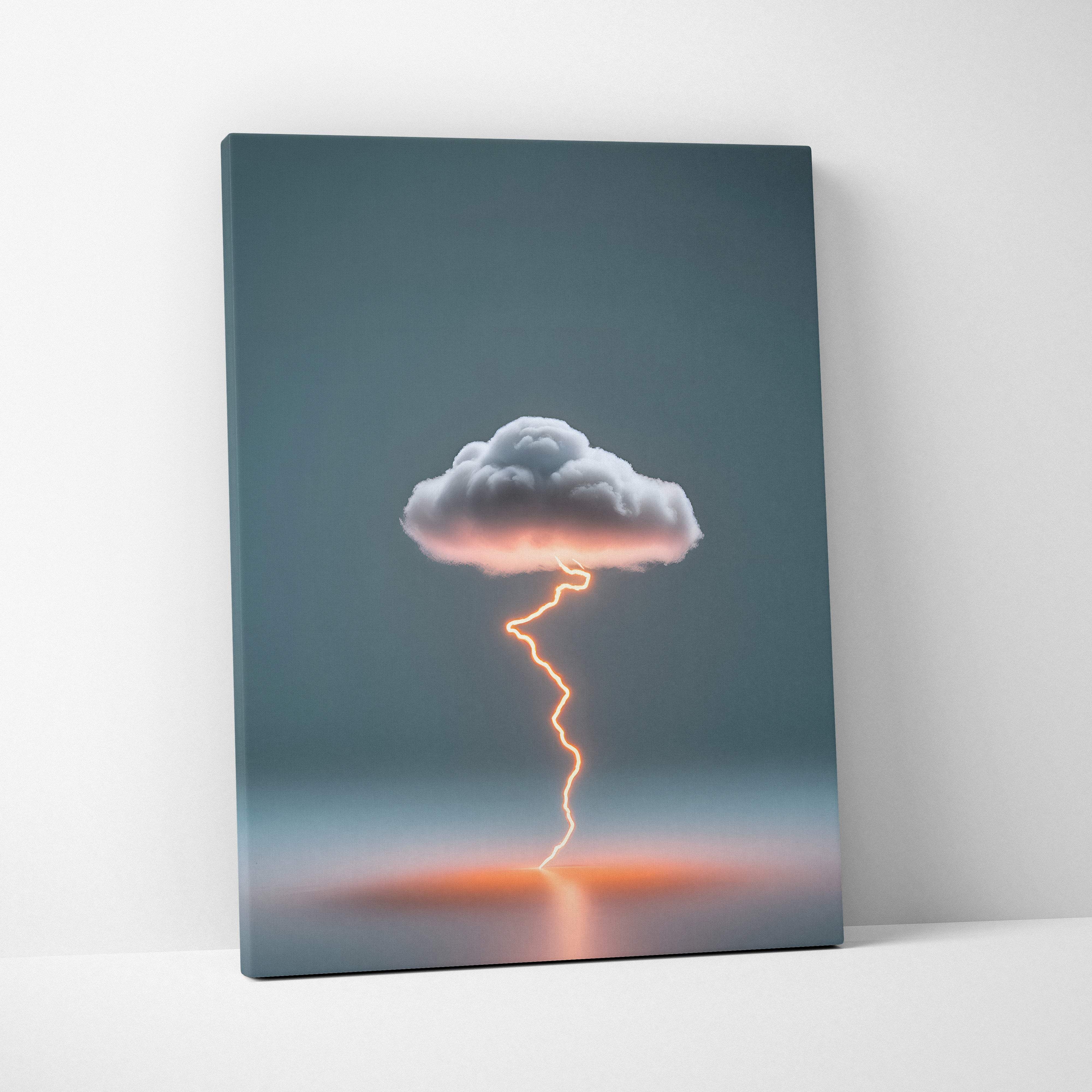 A canvas print of a minimalist thundercloud with a glowing orange lightning bolt on a muted teal sky background