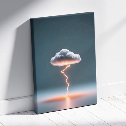 A canvas print of a minimalist thundercloud with lightning bolt against a gradient sky mounted on a wall