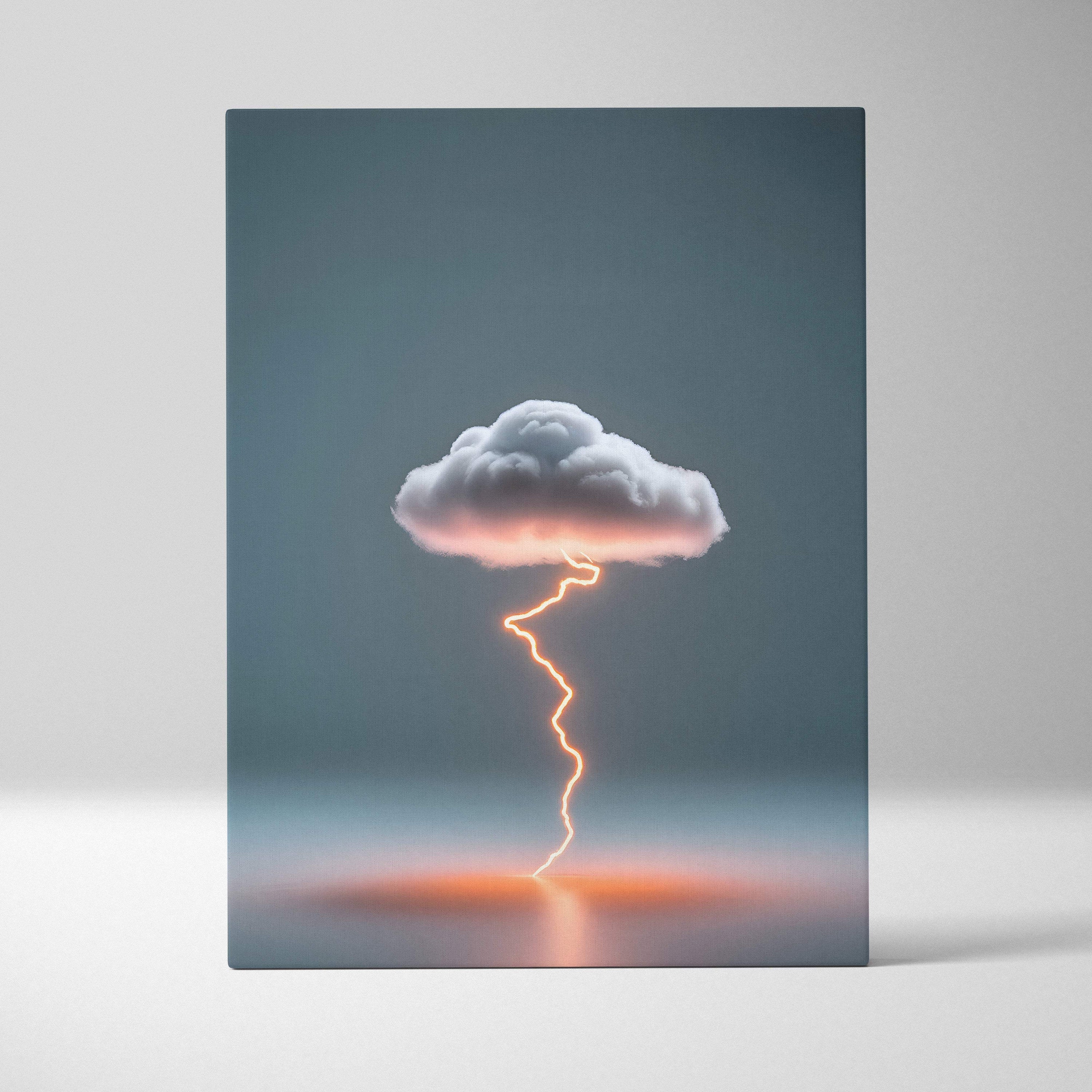 A canvas print of a minimalist thundercloud with an orange lightning bolt against a muted blue-gray sky